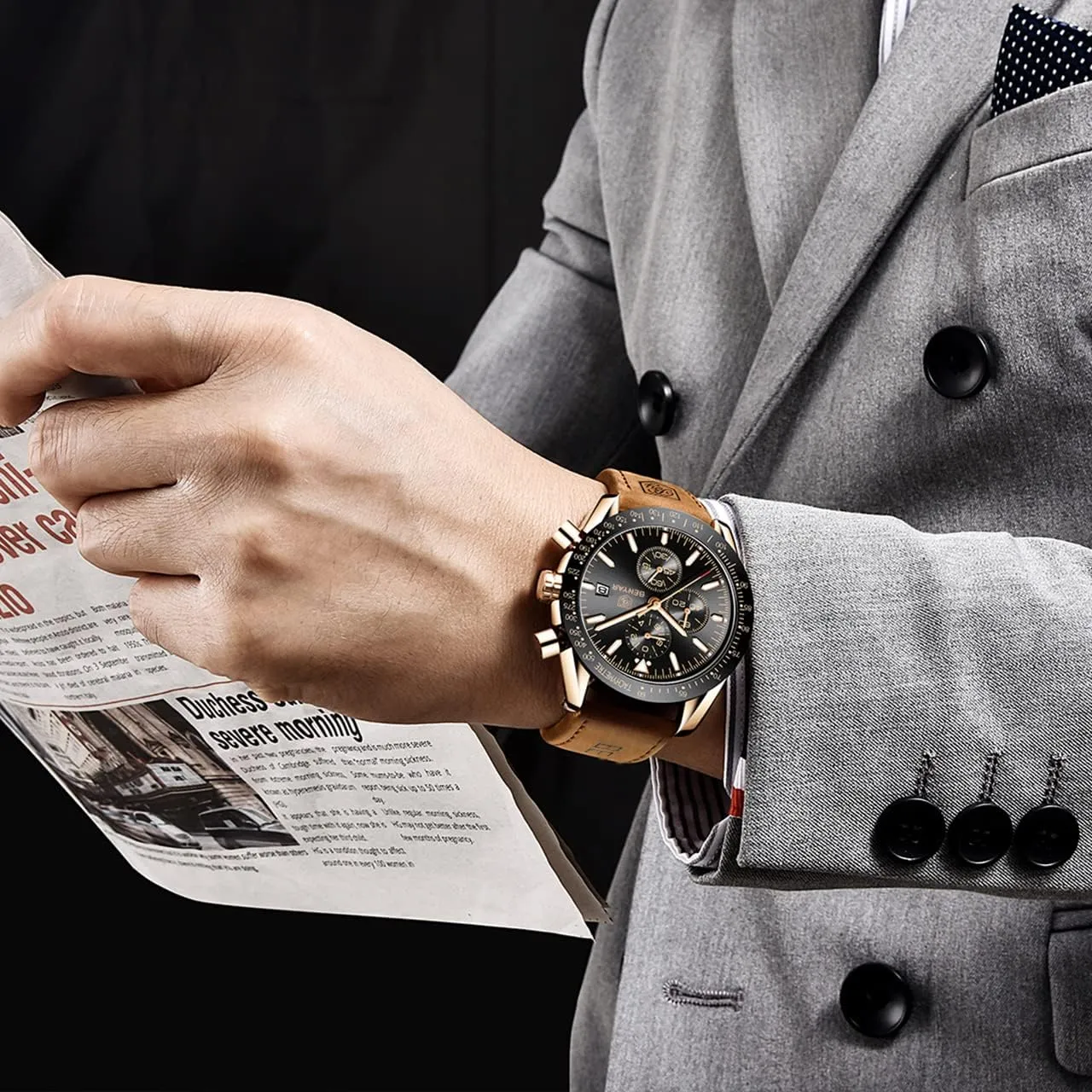 Waterproof Wristwatches Fashion blackbird auxiliary soloist Brown Leather Watches for Men BENYAR Mens Watches Quartz Chronograph Business Luxury Brand 