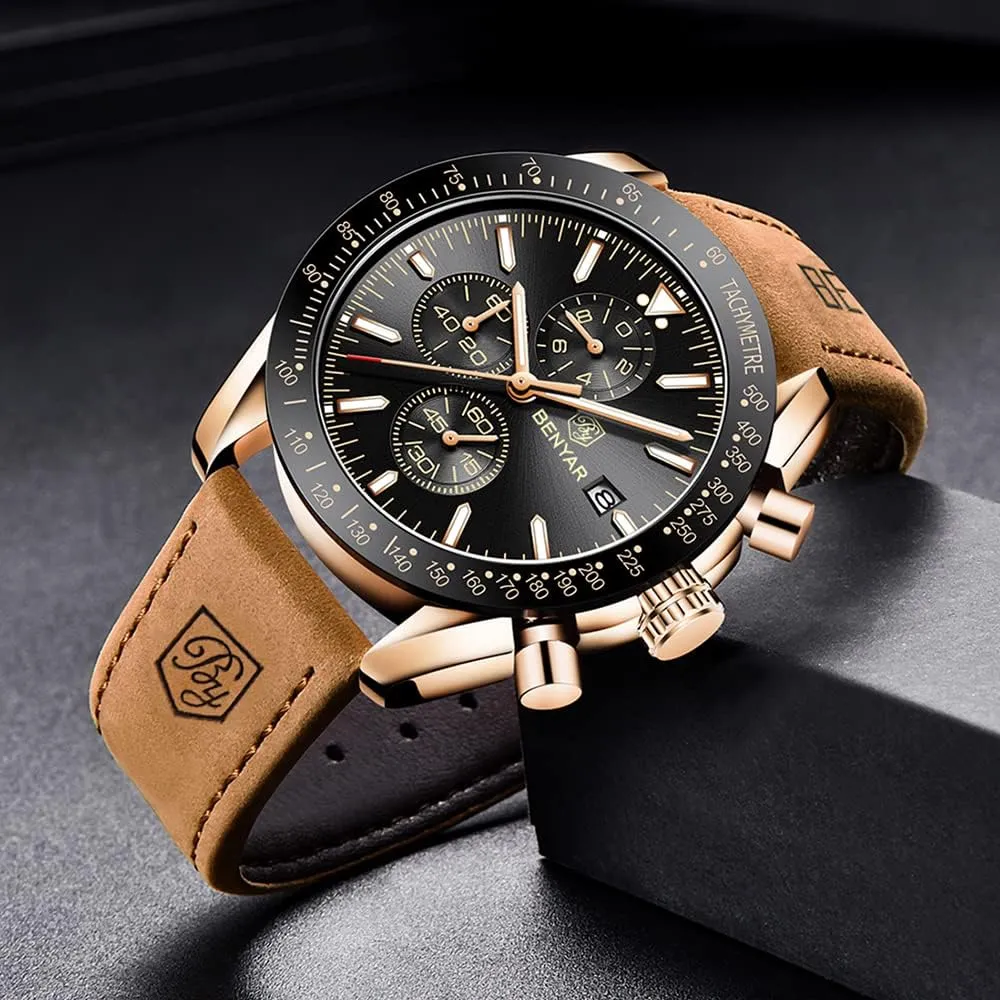 Waterproof Wristwatches Fashion blackbird auxiliary soloist Brown Leather Watches for Men BENYAR Mens Watches Quartz Chronograph Business Luxury Brand 