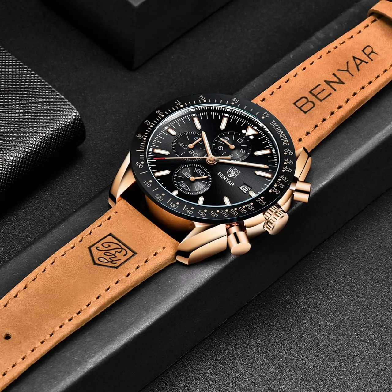 Waterproof Wristwatches Fashion blackbird auxiliary soloist Brown Leather Watches for Men BENYAR Mens Watches Quartz Chronograph Business Luxury Brand 