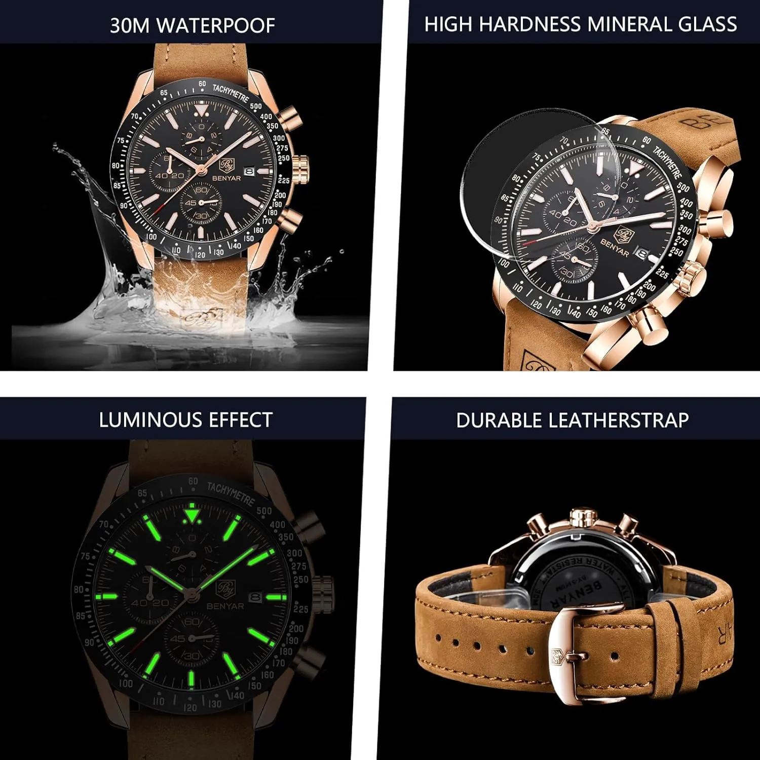 Waterproof Wristwatches Fashion blackbird auxiliary soloist Brown Leather Watches for Men BENYAR Mens Watches Quartz Chronograph Business Luxury Brand 
