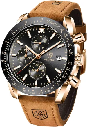 Waterproof Wristwatches Fashion blackbird auxiliary soloist Brown Leather Watches for Men BENYAR Mens Watches Quartz Chronograph Business Luxury Brand 