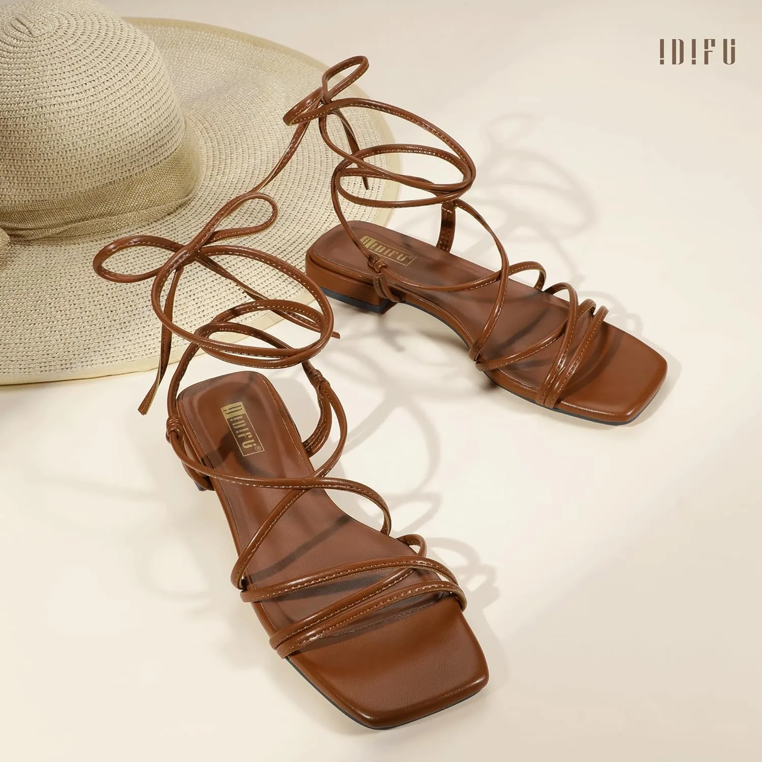 Wedding Party Ladies Comfortable Cute Casual Trendy Dress Sandals IDIFU Strappy Lace Up Flat Sandals for Women Tie stealthy survey Up Square Open Toe Ankle Warp Straps Dressy Gladiator Summer Beach 