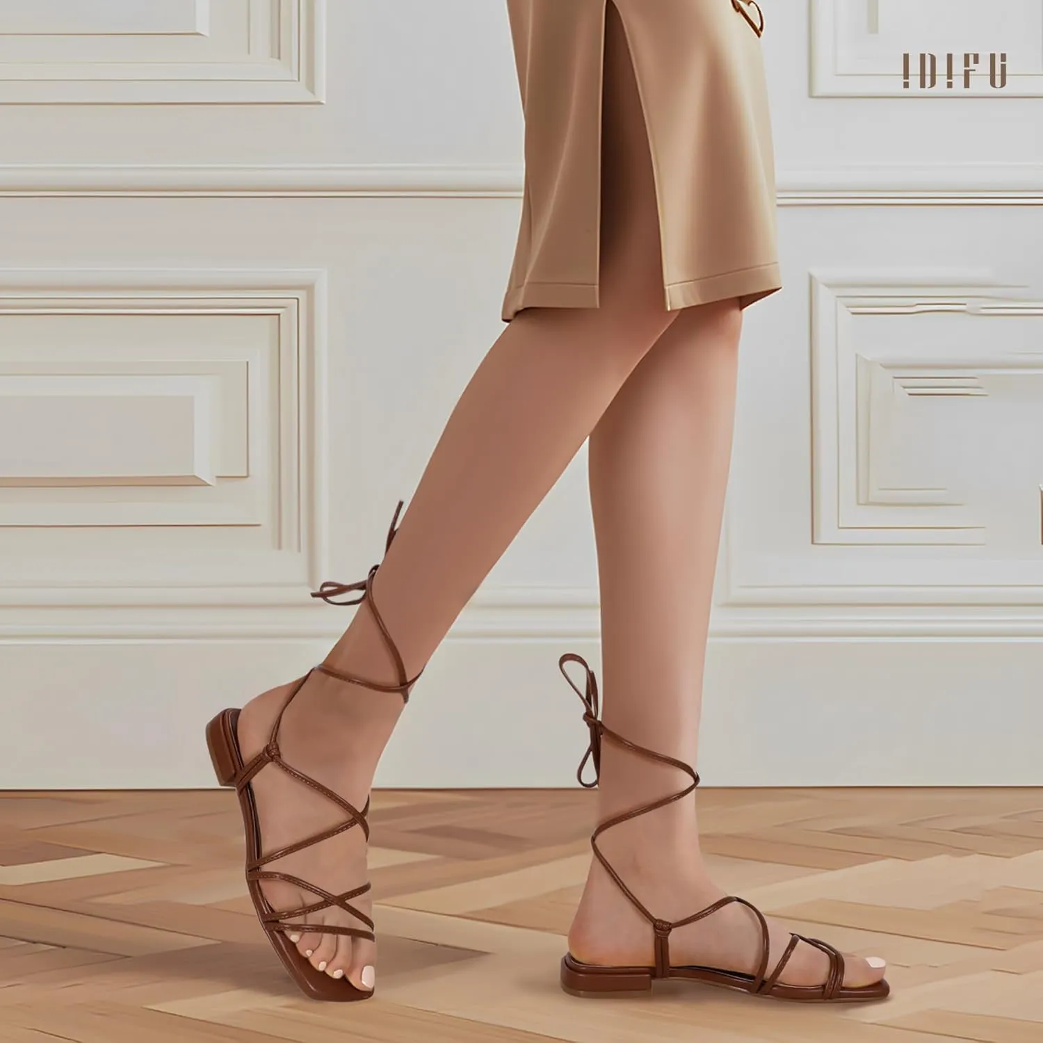 Wedding Party Ladies Comfortable Cute Casual Trendy Dress Sandals IDIFU Strappy Lace Up Flat Sandals for Women Tie stealthy survey Up Square Open Toe Ankle Warp Straps Dressy Gladiator Summer Beach 