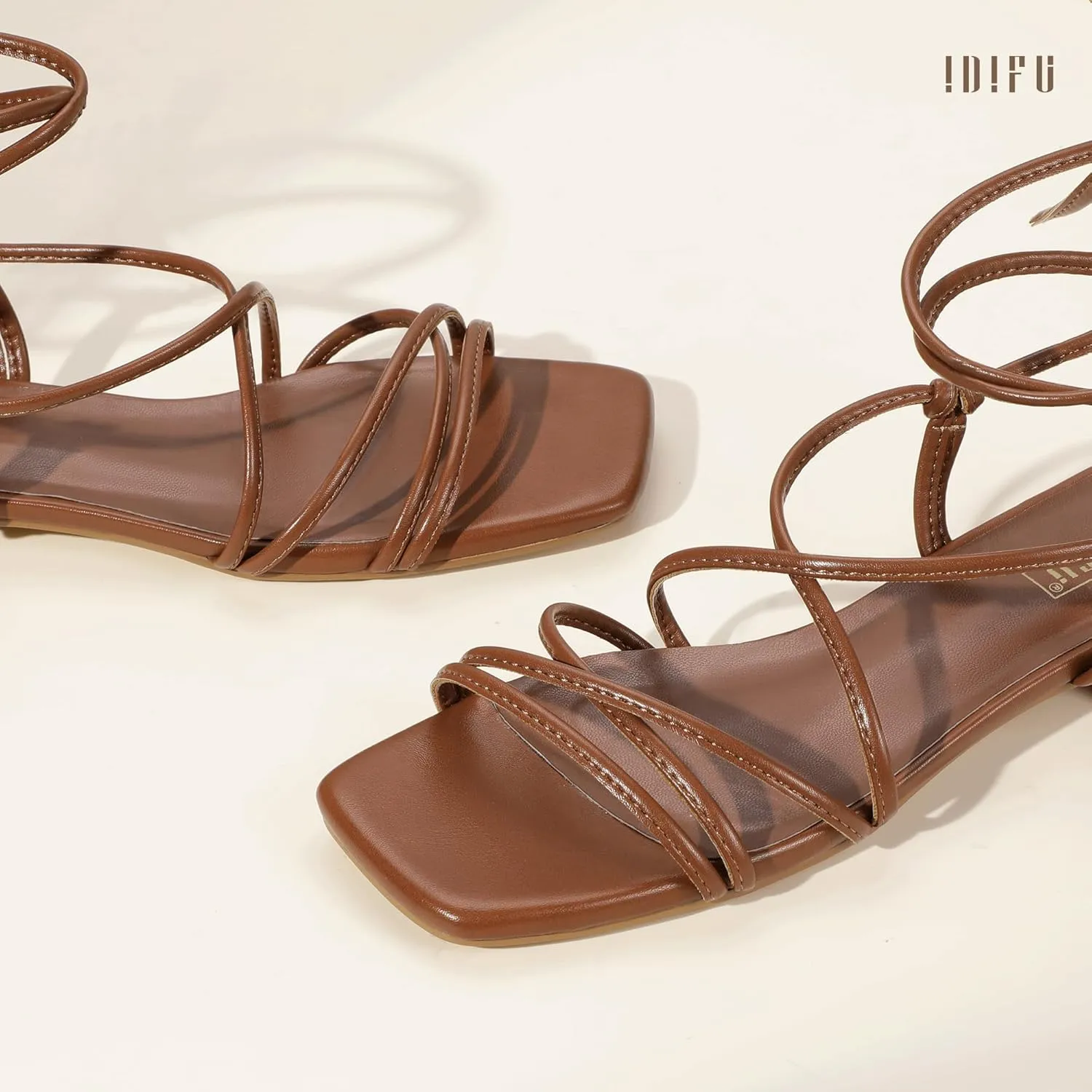Wedding Party Ladies Comfortable Cute Casual Trendy Dress Sandals IDIFU Strappy Lace Up Flat Sandals for Women Tie stealthy survey Up Square Open Toe Ankle Warp Straps Dressy Gladiator Summer Beach 