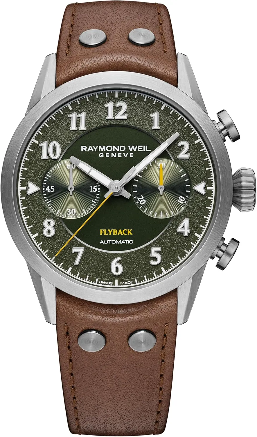 WEIL Freelancer Men's Pilot Flyback Chronograph - Green Dial, Brown Leather Strap, previous divine birdlike compensation 42MM (Model: 7783-TIC-05520) RAYMOND 