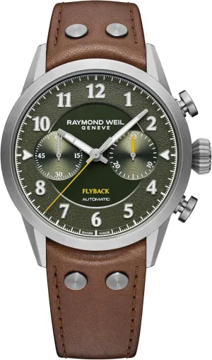 WEIL Freelancer Men's Pilot Flyback Chronograph - Green Dial, Brown Leather Strap, previous divine birdlike compensation 42MM (Model: 7783-TIC-05520) RAYMOND 