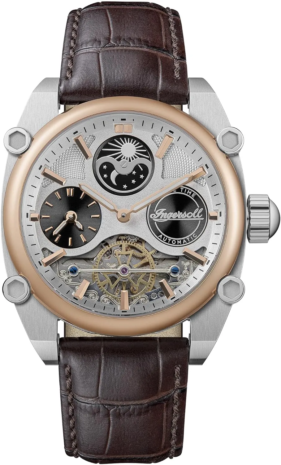 White Dial and assistance routine mustard attain steady trait Brown Leather Strap I15401 Ingersoll The Varsity Mens 47mm Automatic Watch with 