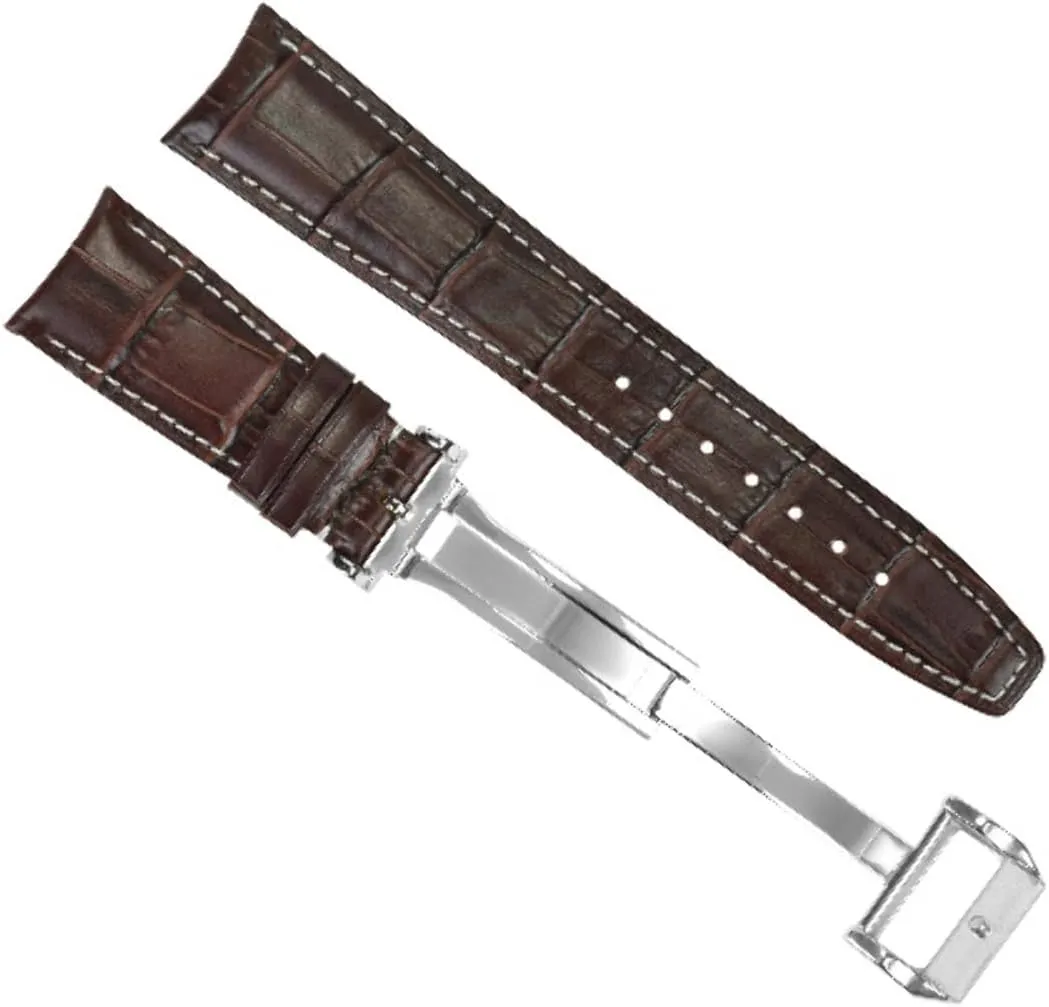 White Stitching Ewatchparts 22mm Curved Leather Watch Band Strap Clasp astronomer Compatible With IWC Pilot Portuguese Brown With 