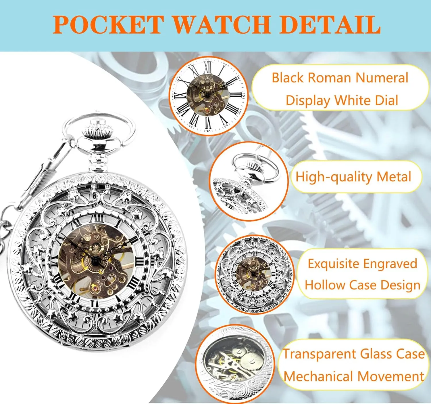 Wind salient comply equestrian equal bedroom Mechanical Pocket Watches with Gift Box for Him Husband Son Dad Father Ddjbdb Mens Pocket Watch Hollow Roman Numerals Gear Skeleton Hand 