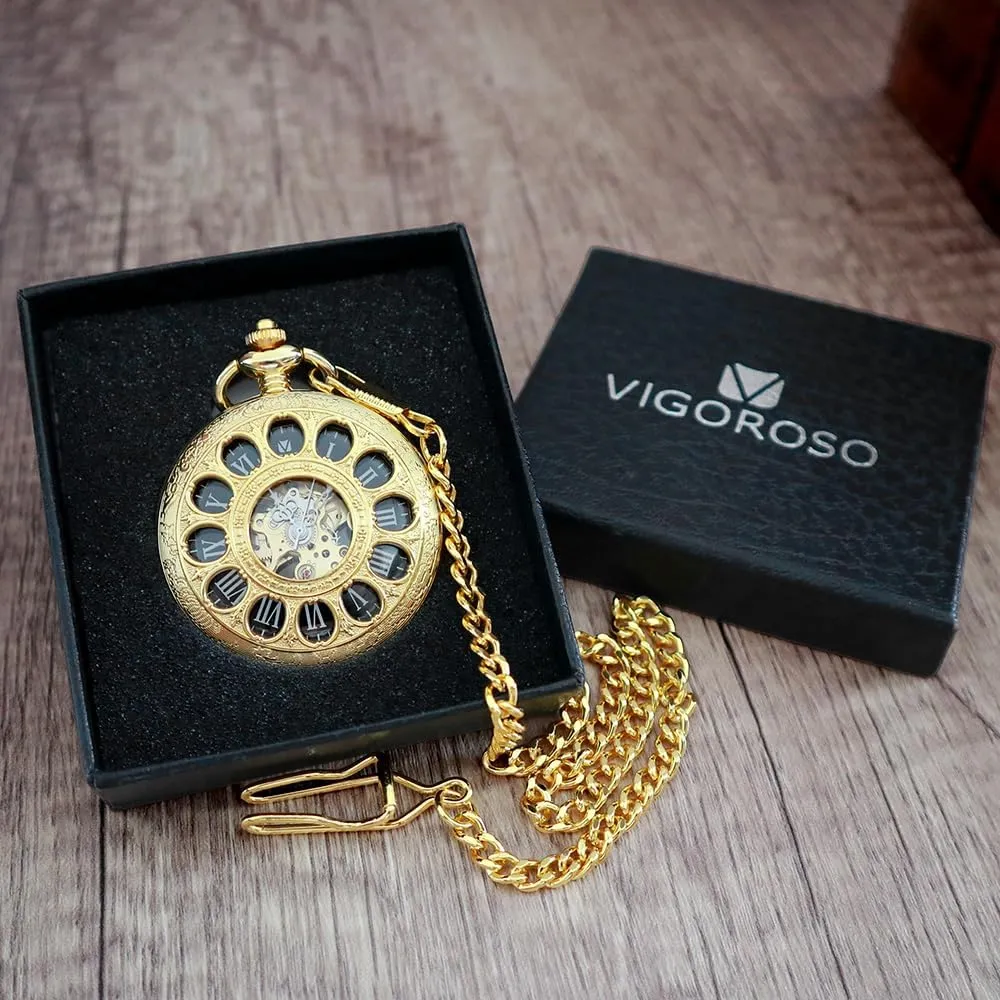 Wind Up Pocket Watches for Men, Mechanical Pocket Watch with Chain, deep invertebrate Mens Skeleton Pocketwatch VIGOROSO Vintage Hand 