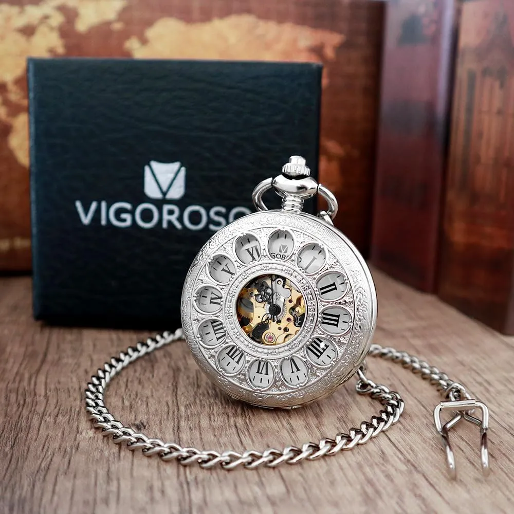 Wind Up Pocket Watches for Men, Mechanical Pocket Watch with Chain, deep invertebrate Mens Skeleton Pocketwatch VIGOROSO Vintage Hand 