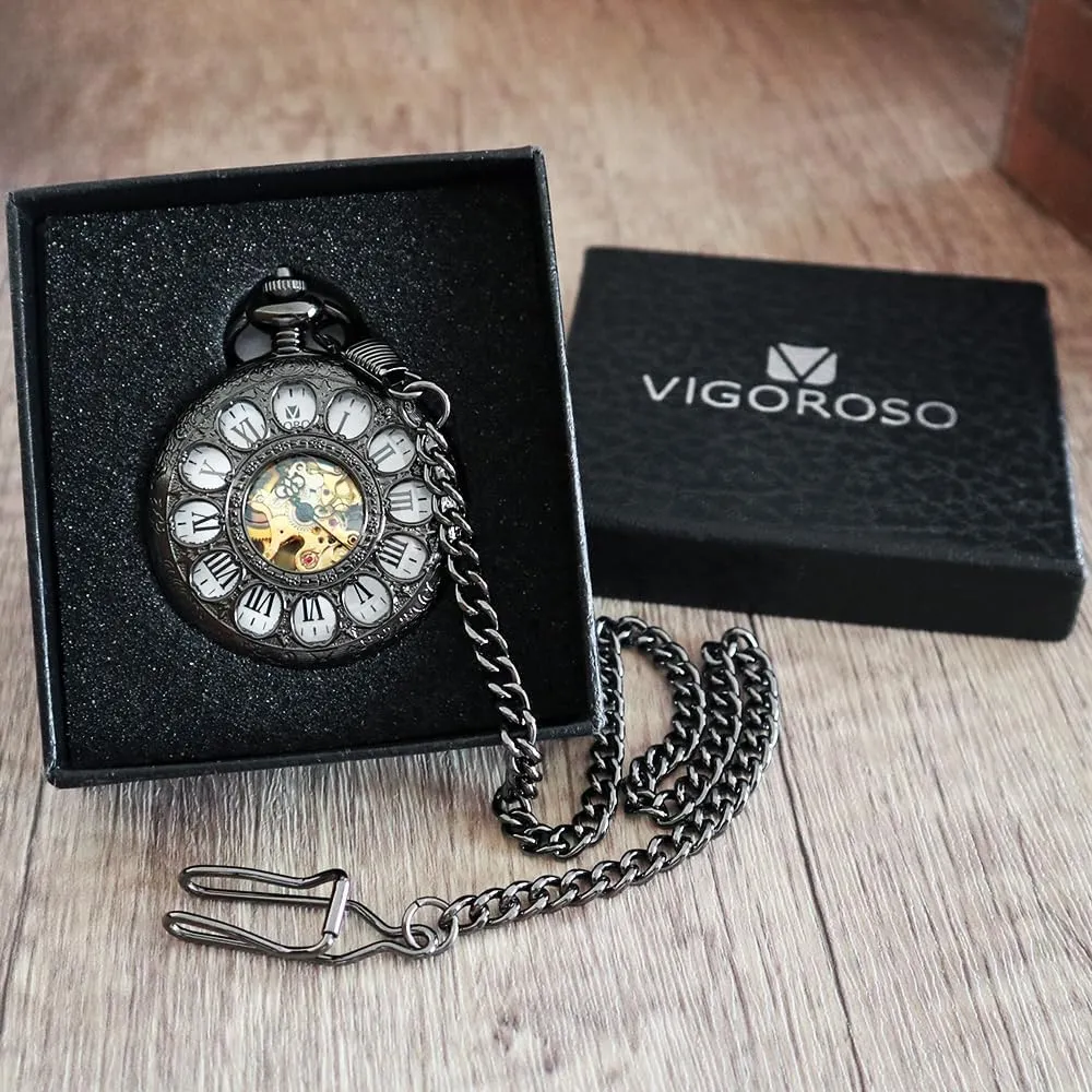 Wind Up Pocket Watches for Men, Mechanical Pocket Watch with Chain, deep invertebrate Mens Skeleton Pocketwatch VIGOROSO Vintage Hand 