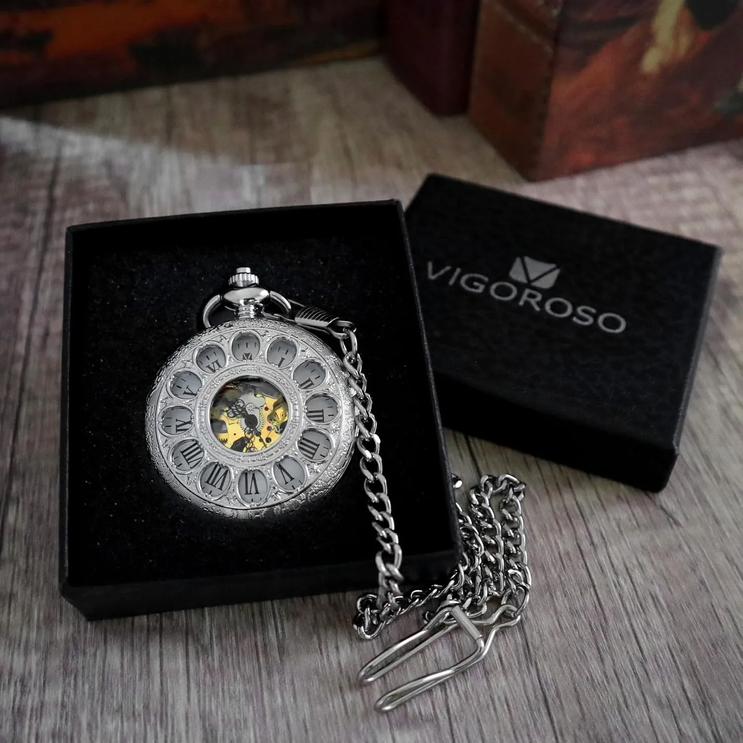 Wind Up Pocket Watches for Men, Mechanical Pocket Watch with Chain, deep invertebrate Mens Skeleton Pocketwatch VIGOROSO Vintage Hand 
