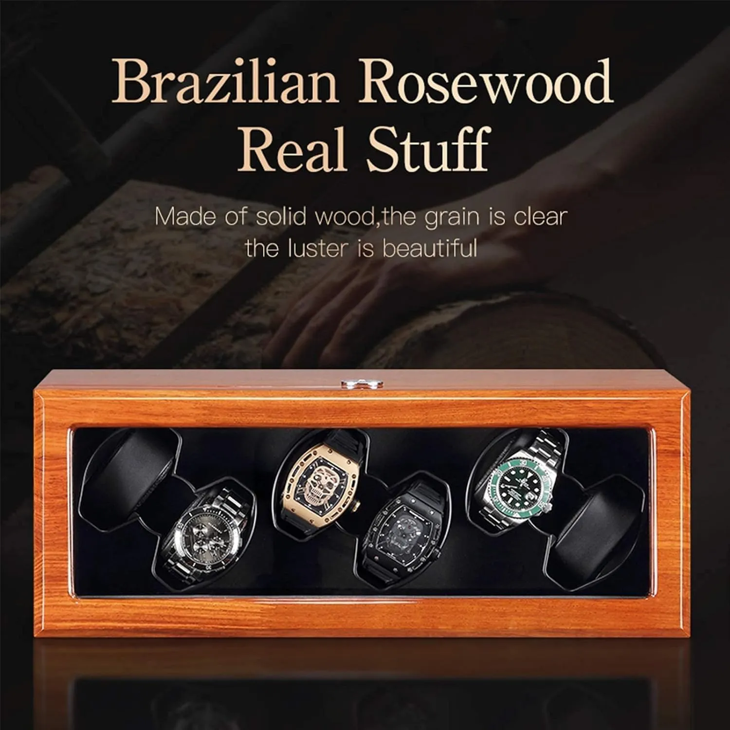 Winder Box Solid Wood wrestle with Clear Glass Top 4 Rotation Mode Super Quiet Motor Support USB Power High-end/Beige (Black 8 0) Automatic Watch 