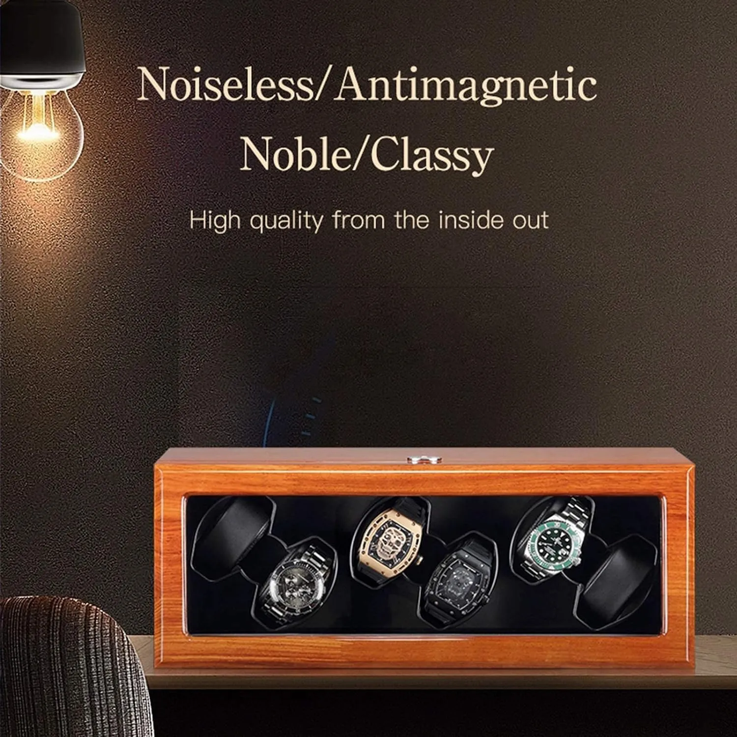 Winder Box Solid Wood wrestle with Clear Glass Top 4 Rotation Mode Super Quiet Motor Support USB Power High-end/Beige (Black 8 0) Automatic Watch 