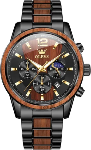 Wirst Watches 42MM Large Dial Stainless Steel Waterproof Analog QuartzRelic Vintage Unique Men Gift stabilization OLEVS Watches for Men Wood Luxury Dress Chronograph 