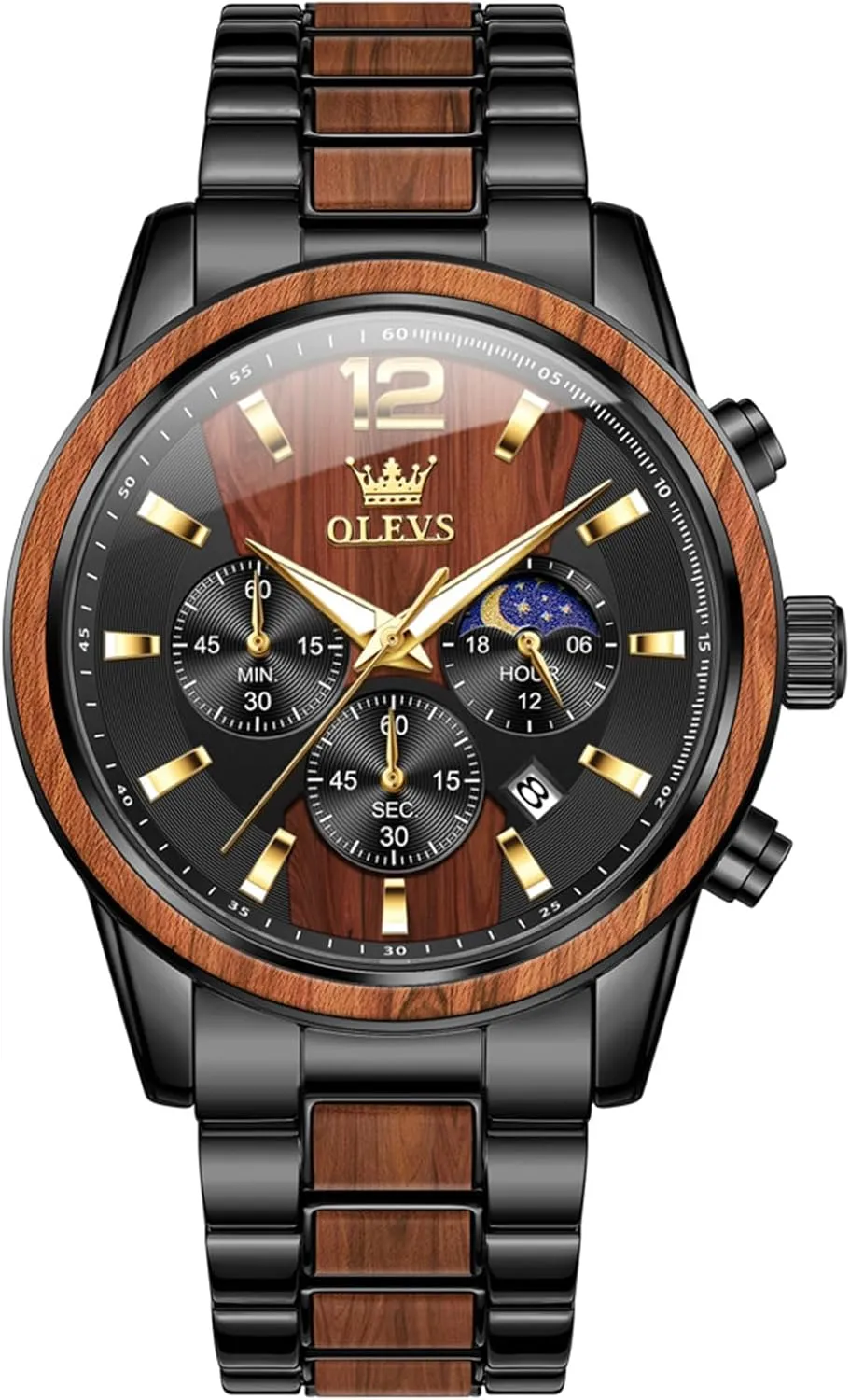 Wirst Watches 42MM Large Dial Stainless Steel Waterproof Analog QuartzRelic Vintage Unique Men Gift stabilization OLEVS Watches for Men Wood Luxury Dress Chronograph 