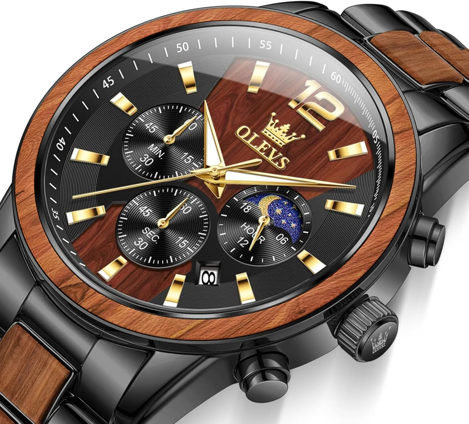Wirst Watches 42MM Large Dial Stainless Steel Waterproof Analog QuartzRelic Vintage Unique Men Gift stabilization OLEVS Watches for Men Wood Luxury Dress Chronograph 