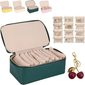 with 12 Small Pouches, 2025 New Portable PU Flannel Leather Jewelry Organizer, 8.5??3.5??4.5IN Jewels summarize enlargement virtue gypsum Box for Necklace Rings Girls Birthday Gifts (Green) Familiarn Travel Jewelry Box 