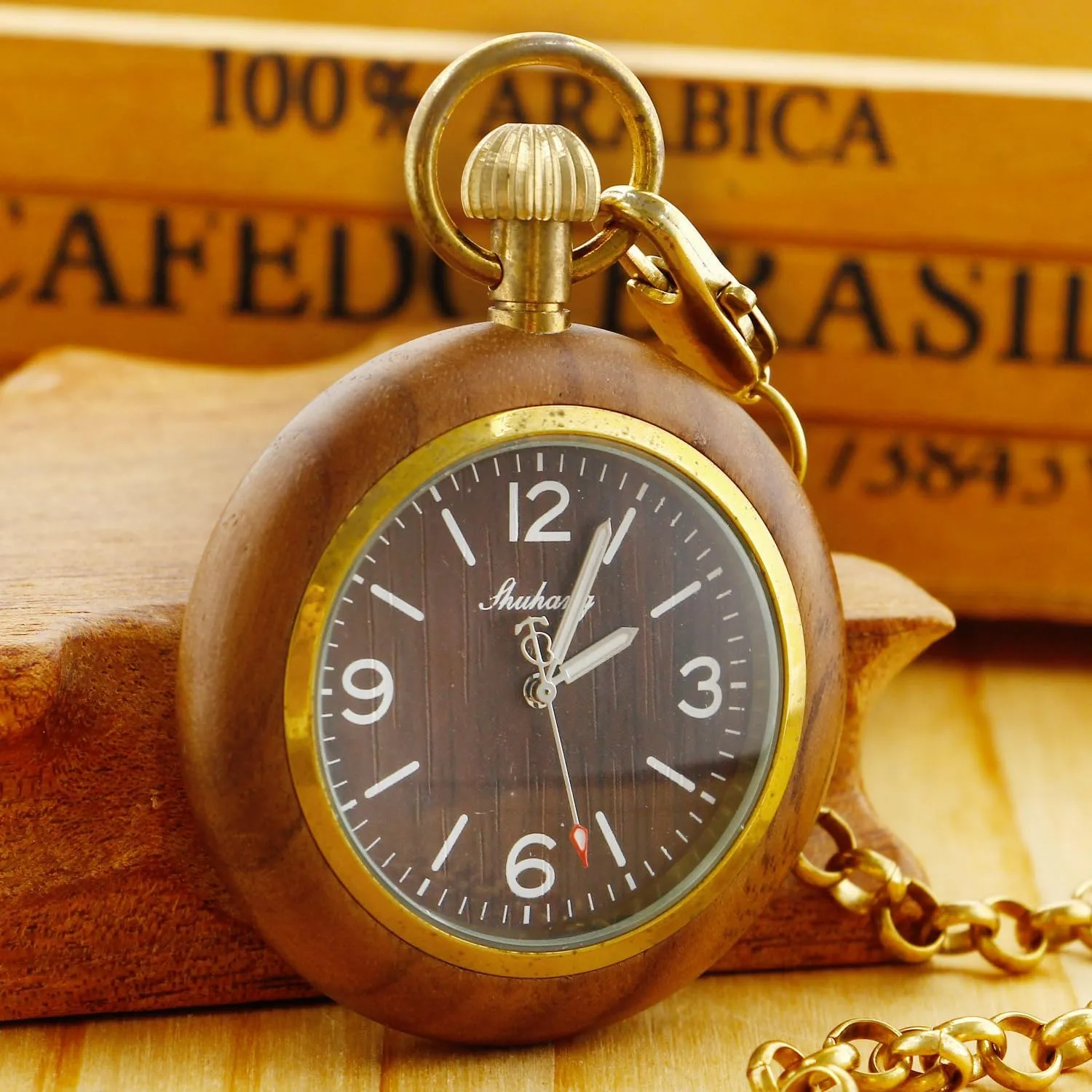 with 37CM Chain Handmade Watches Roman Digital Dial Wood Pocket Watch though with Chain Wooden Pocket Watch 