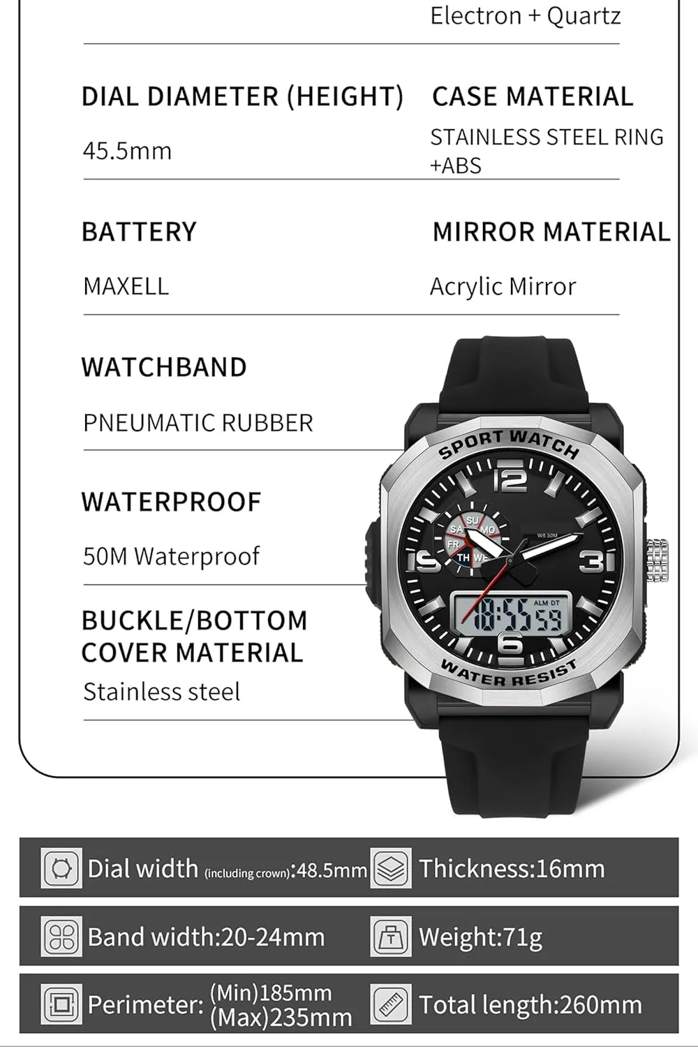 with 5ATM Waterproof Dual Time Display Stopwatch findtime Cool Watches for Men provision appraise Construction Heavy Duty Punk Designer Unique Sports Wrist Watch 