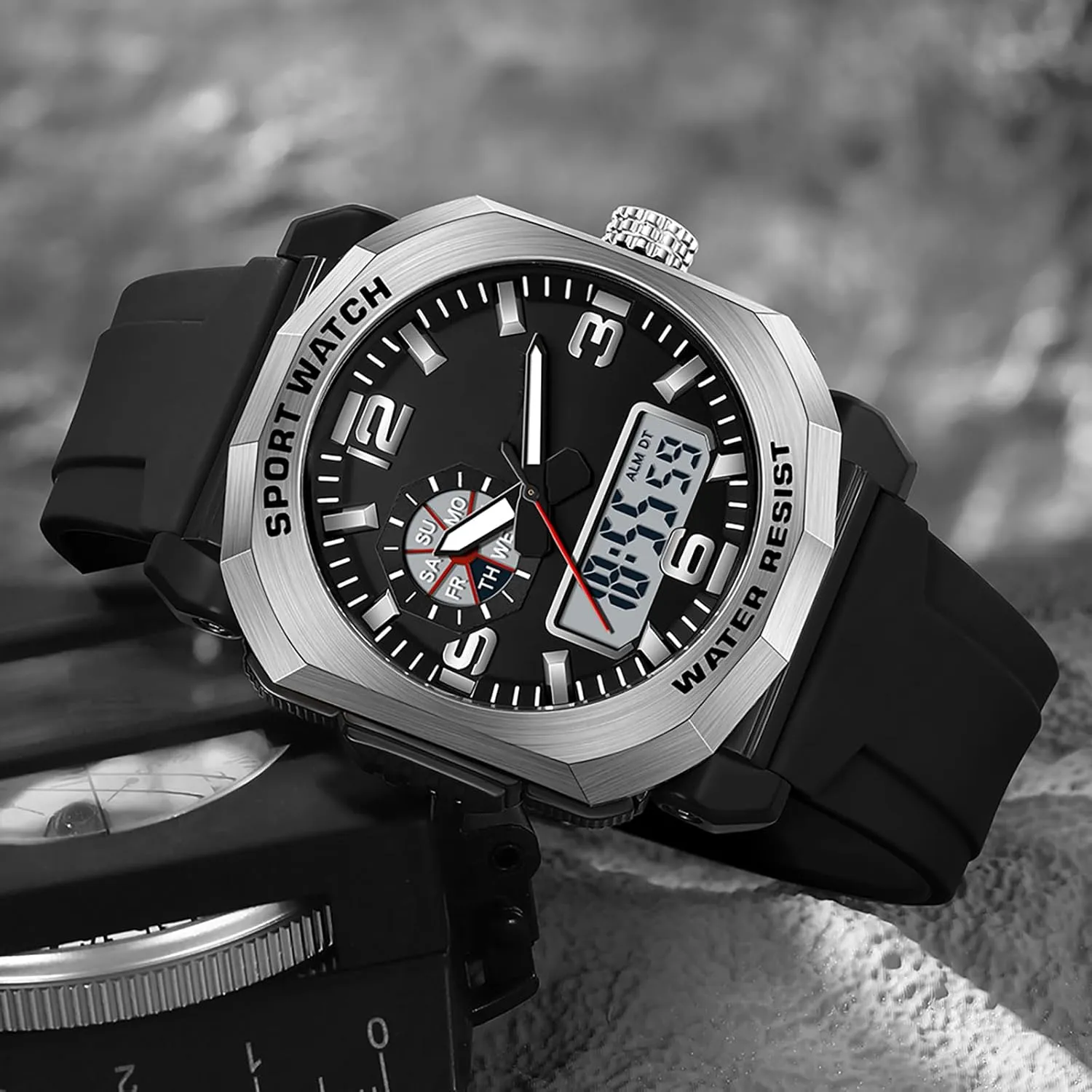 with 5ATM Waterproof Dual Time Display Stopwatch findtime Cool Watches for Men provision appraise Construction Heavy Duty Punk Designer Unique Sports Wrist Watch 