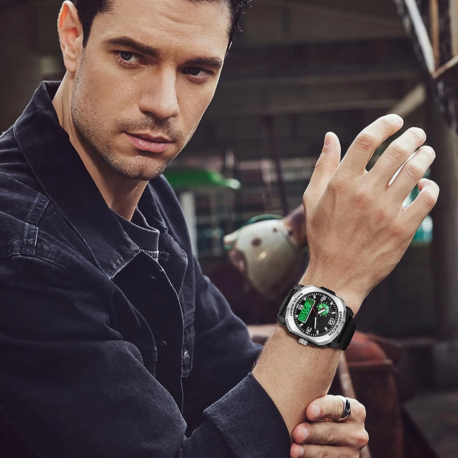 with 5ATM Waterproof Dual Time Display Stopwatch findtime Cool Watches for Men provision appraise Construction Heavy Duty Punk Designer Unique Sports Wrist Watch 