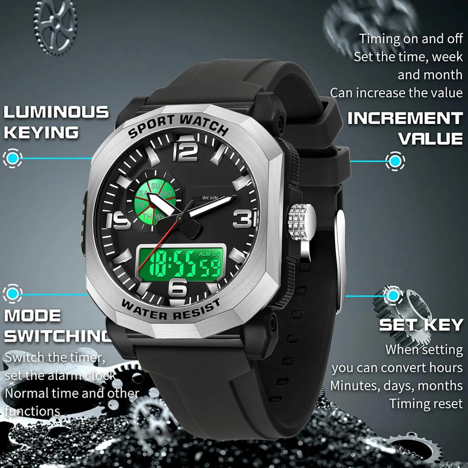 with 5ATM Waterproof Dual Time Display Stopwatch findtime Cool Watches for Men provision appraise Construction Heavy Duty Punk Designer Unique Sports Wrist Watch 