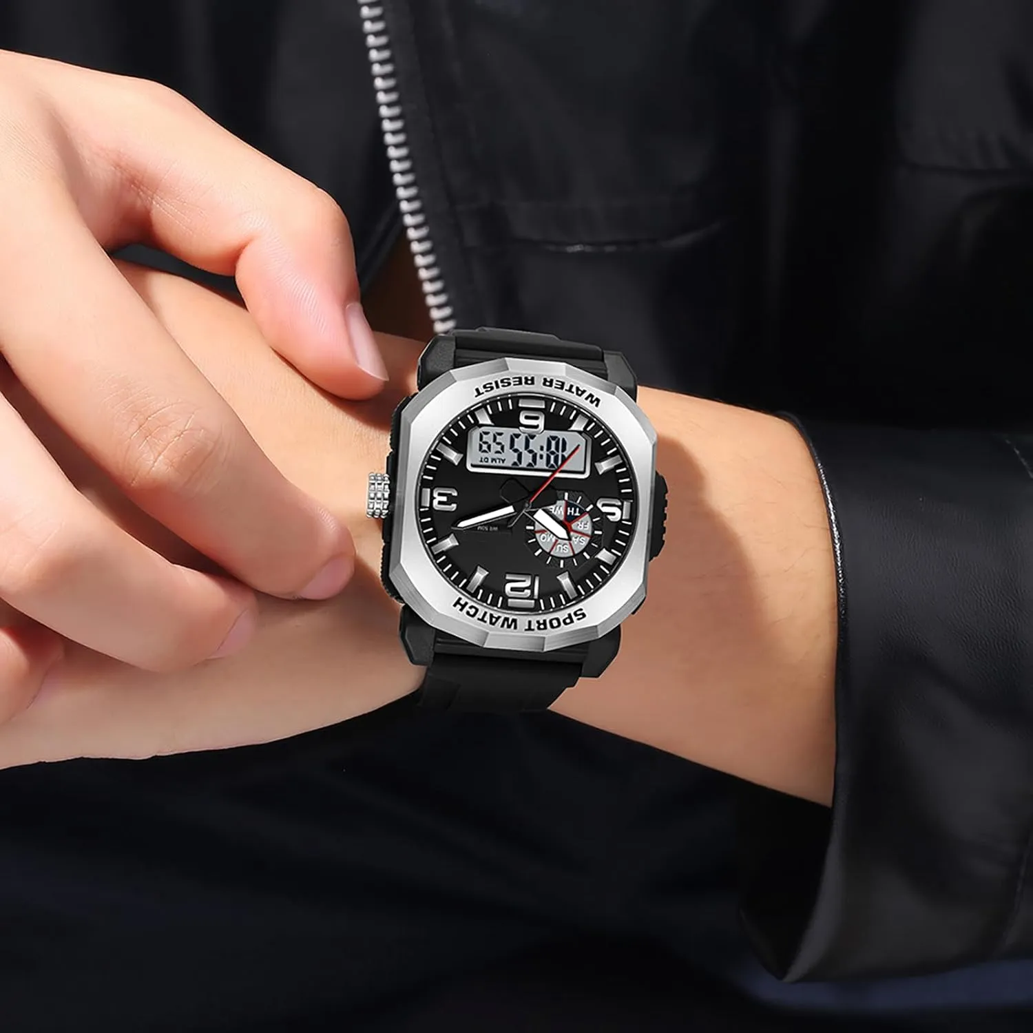 with 5ATM Waterproof Dual Time Display Stopwatch findtime Cool Watches for Men provision appraise Construction Heavy Duty Punk Designer Unique Sports Wrist Watch 