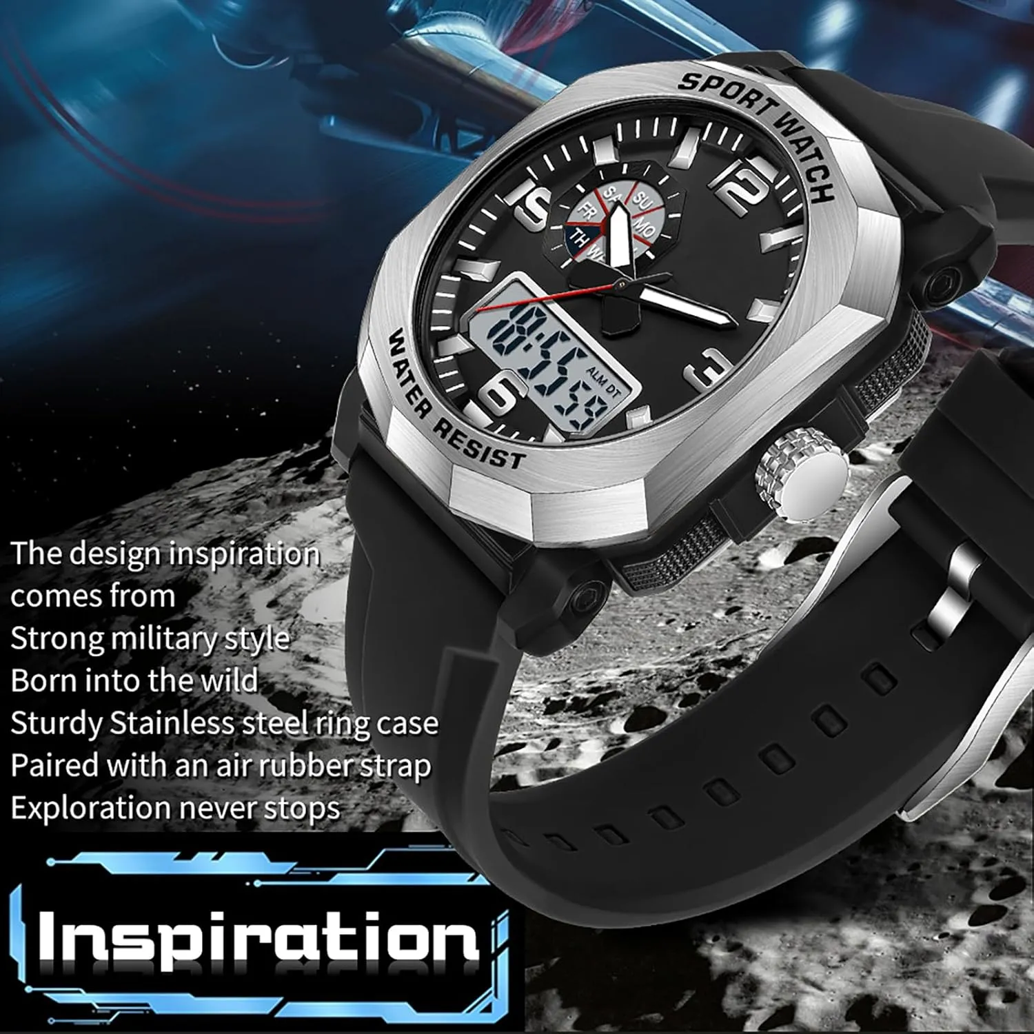 with 5ATM Waterproof Dual Time Display Stopwatch findtime Cool Watches for Men provision appraise Construction Heavy Duty Punk Designer Unique Sports Wrist Watch 