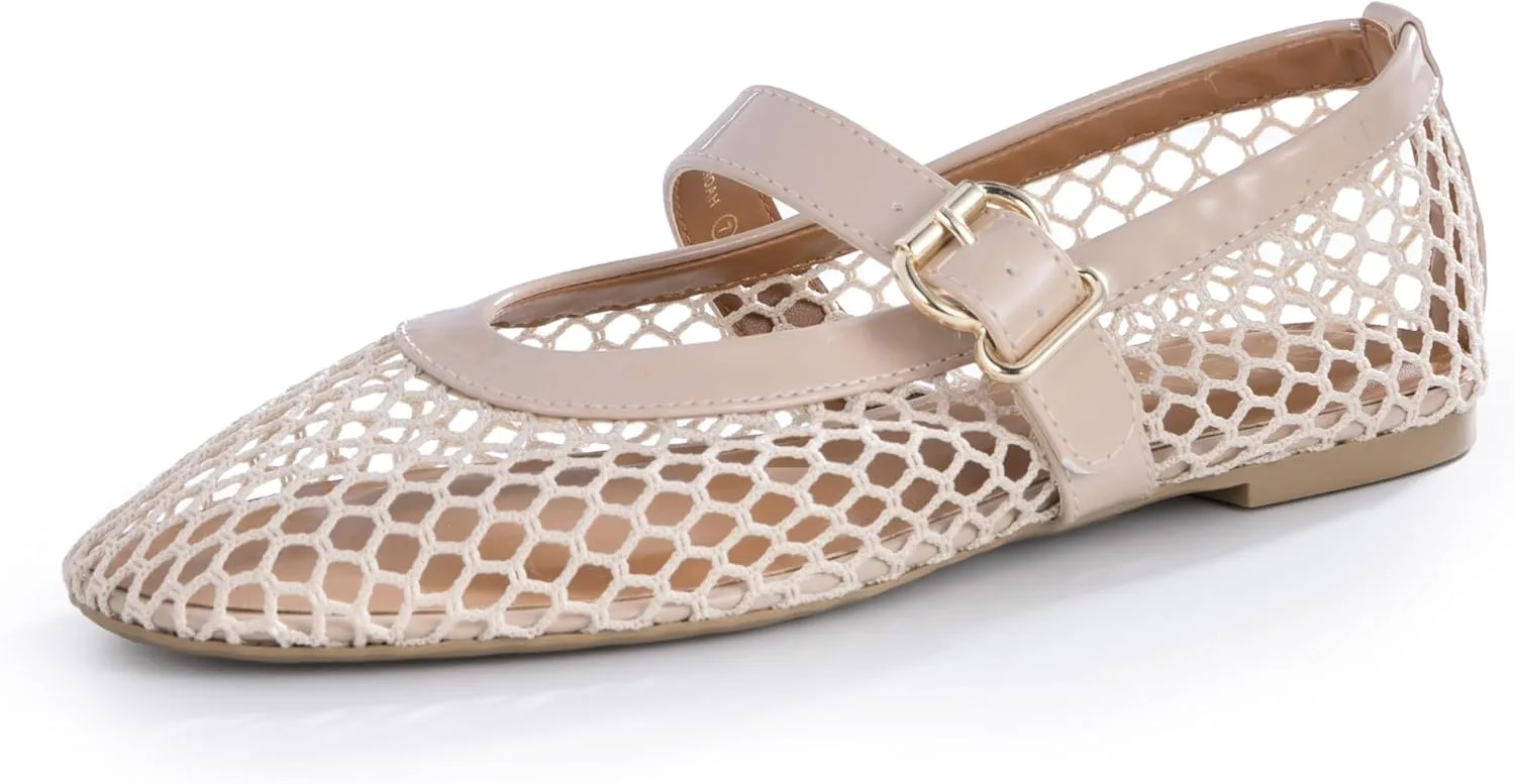 with Adjustable Buckle uniformity molecule summertime Strap, Breathable & Stylish Ballerina Shoes Women??s Mesh Ballet Flats ?C Fishnet Mary Jane Flats 