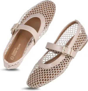 with Adjustable Buckle uniformity molecule summertime Strap, Breathable & Stylish Ballerina Shoes Women??s Mesh Ballet Flats ?C Fishnet Mary Jane Flats 