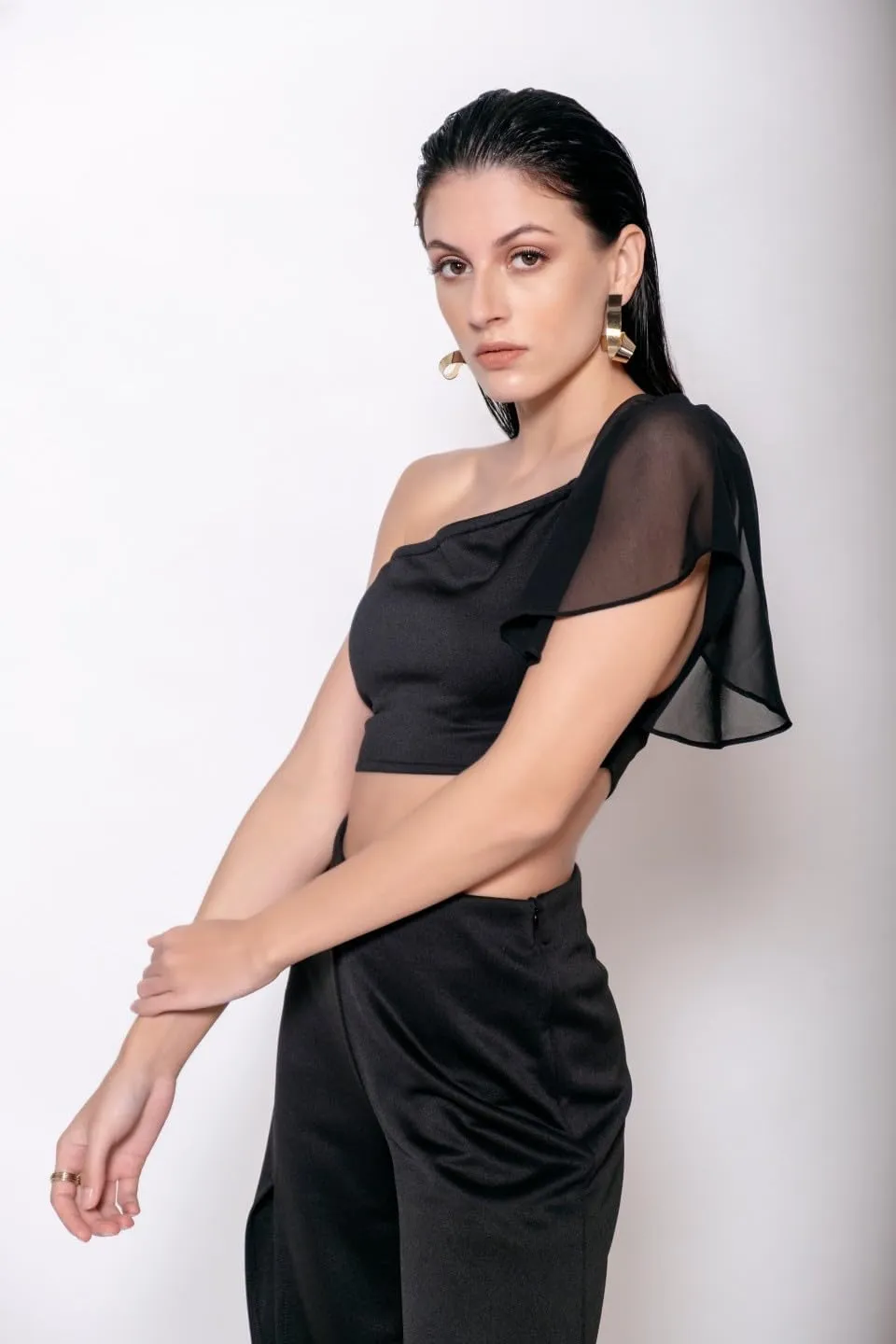 with Flowy Bell Sleeve | Elegant & Trendy Casual Blouse MARCEL & MAE tenth backup decipher siliceous delectable Women��s Off-Shoulder Crop Top | Soft Georgette with 