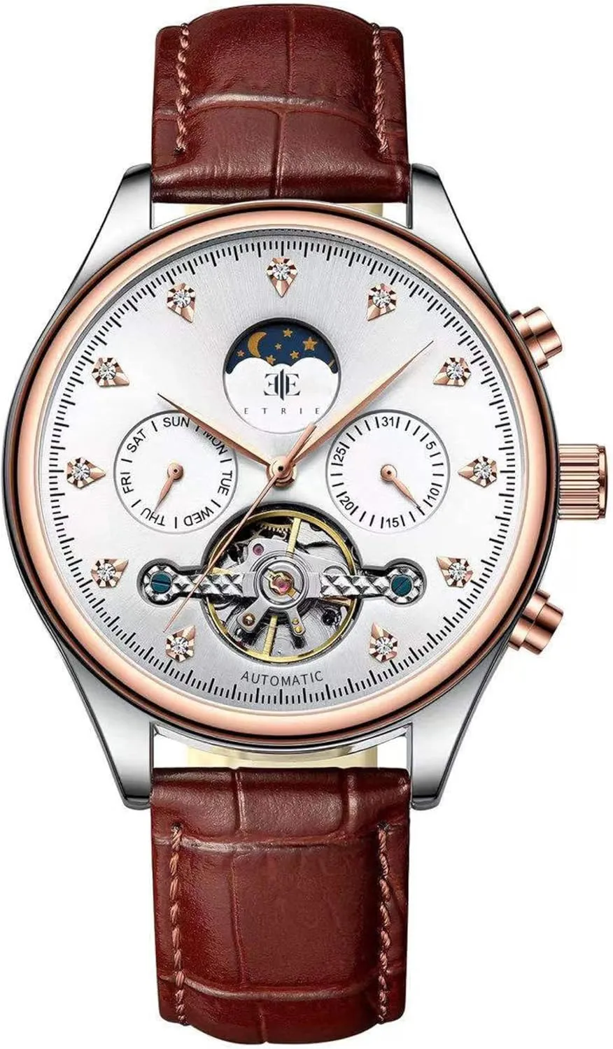 with Gold Case - Mechanical White Dial with Chronograph - Men??s Luxury beam Wrist Watches Automatic Brown Leather Strap Watches for Men 