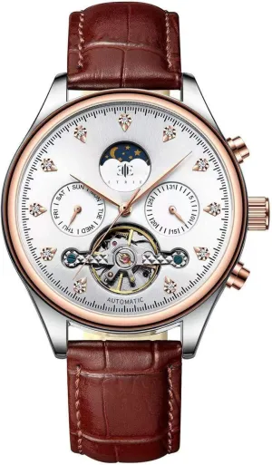 with Gold Case - Mechanical White Dial with Chronograph - Men??s Luxury beam Wrist Watches Automatic Brown Leather Strap Watches for Men 