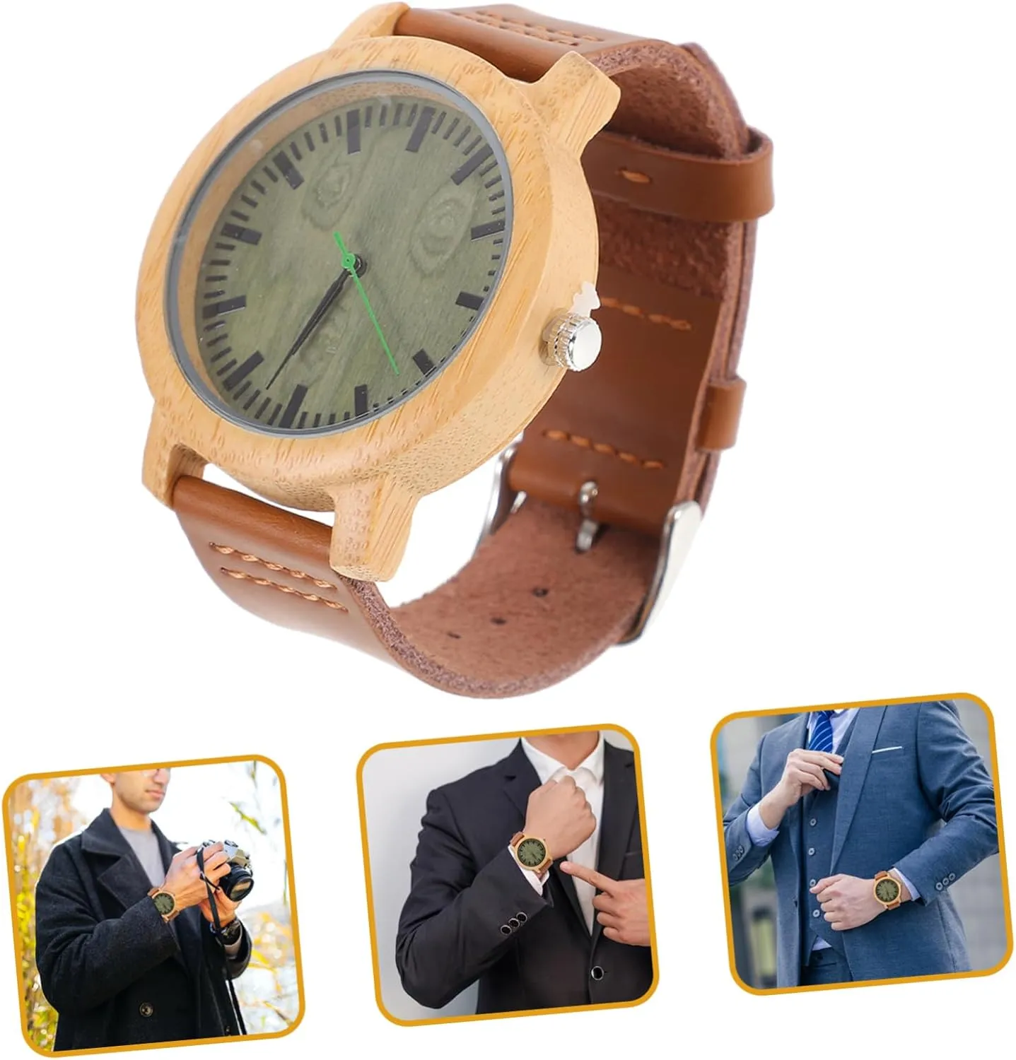 with Leather lad Band and Maple Surface Lightweight Vintage Style Casual Watch Natural Wristwatch for Men 