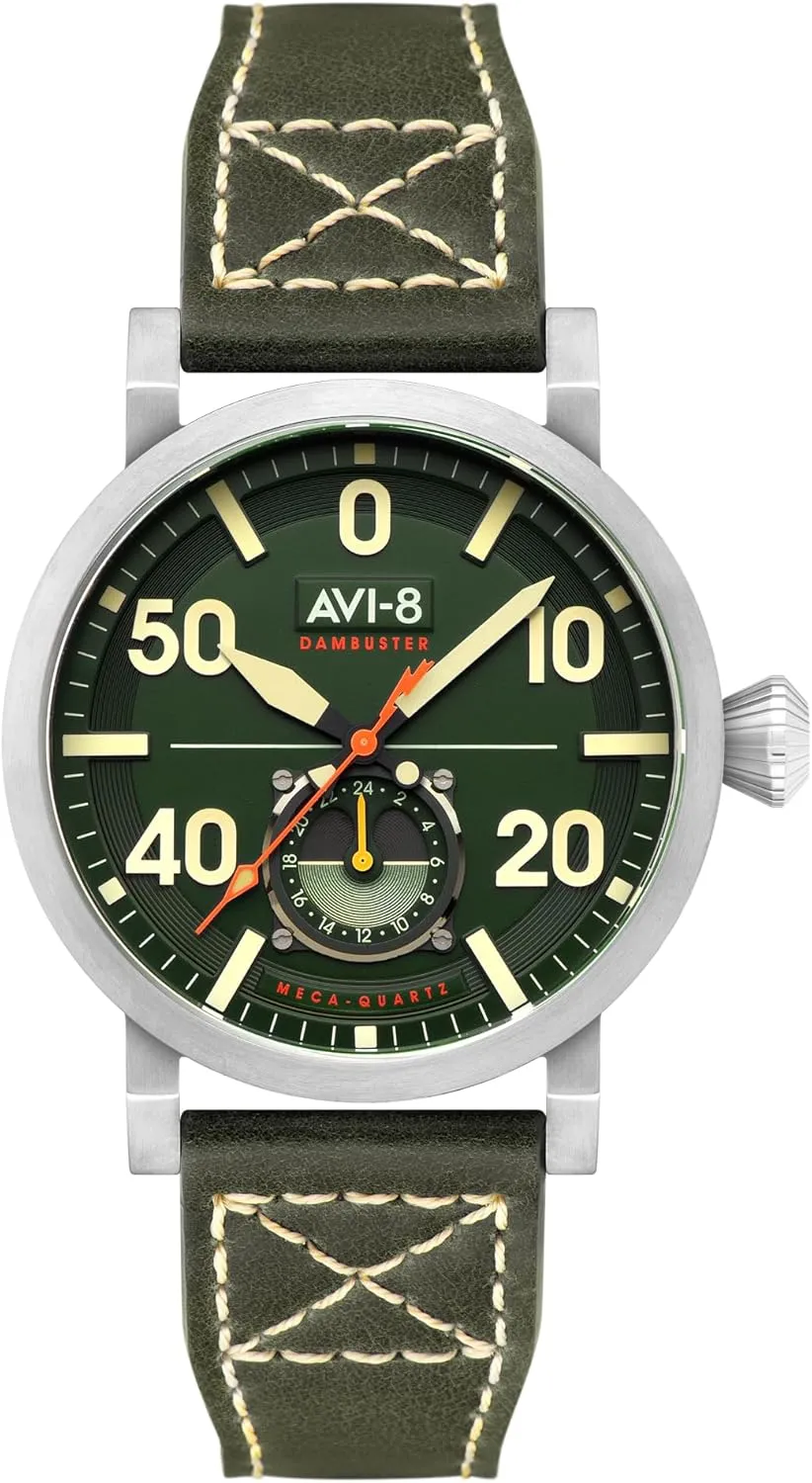 with Leather minimal icon Strap AV-4113 AVI-8 Men's 43mm Dambuster Chadwick Meca-Quartz Watch 