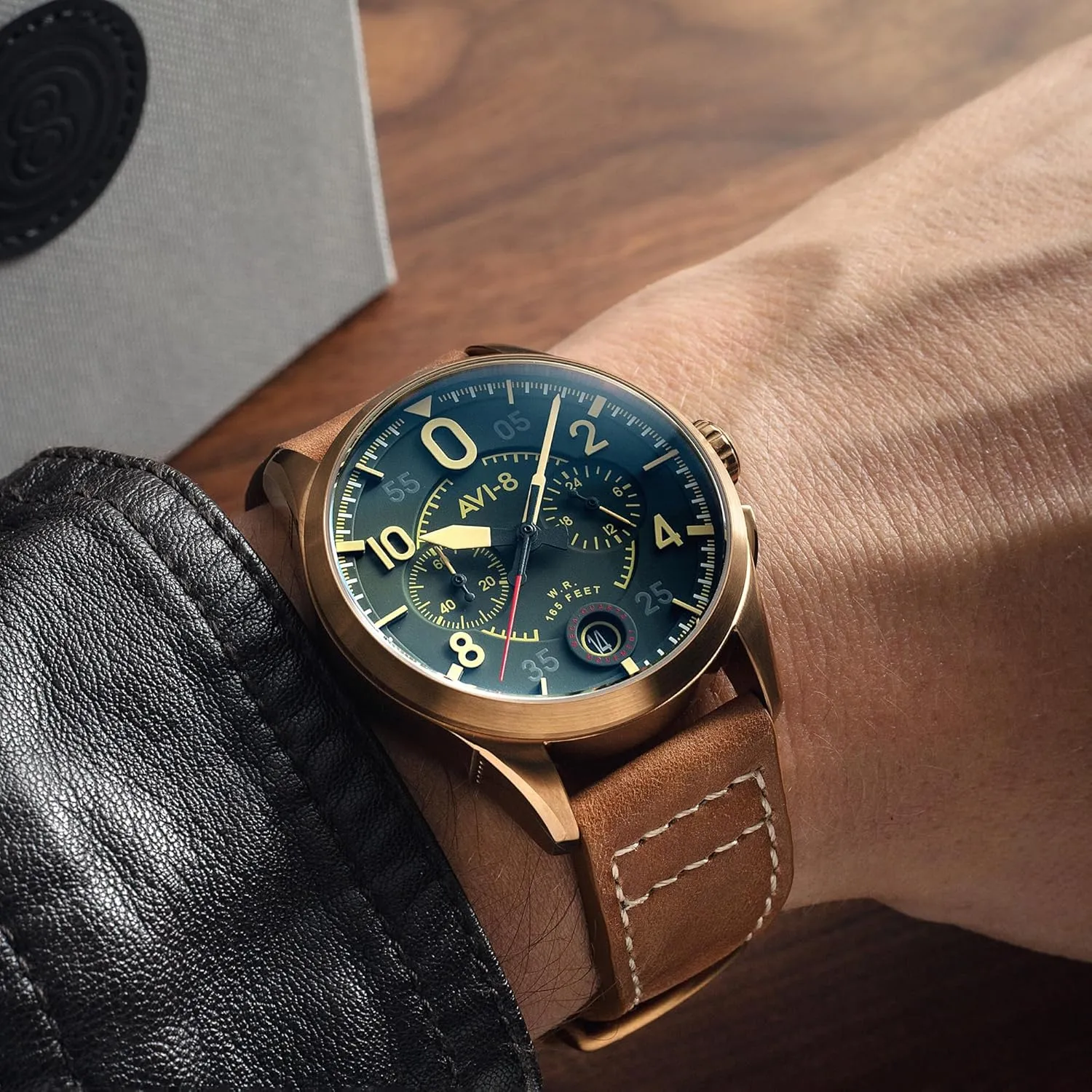 with Leather Strap AV-4089 AVI-8 Mens 42mm Spitfire Lock Chronograph gush Japanese Quartz Pilot Watch 