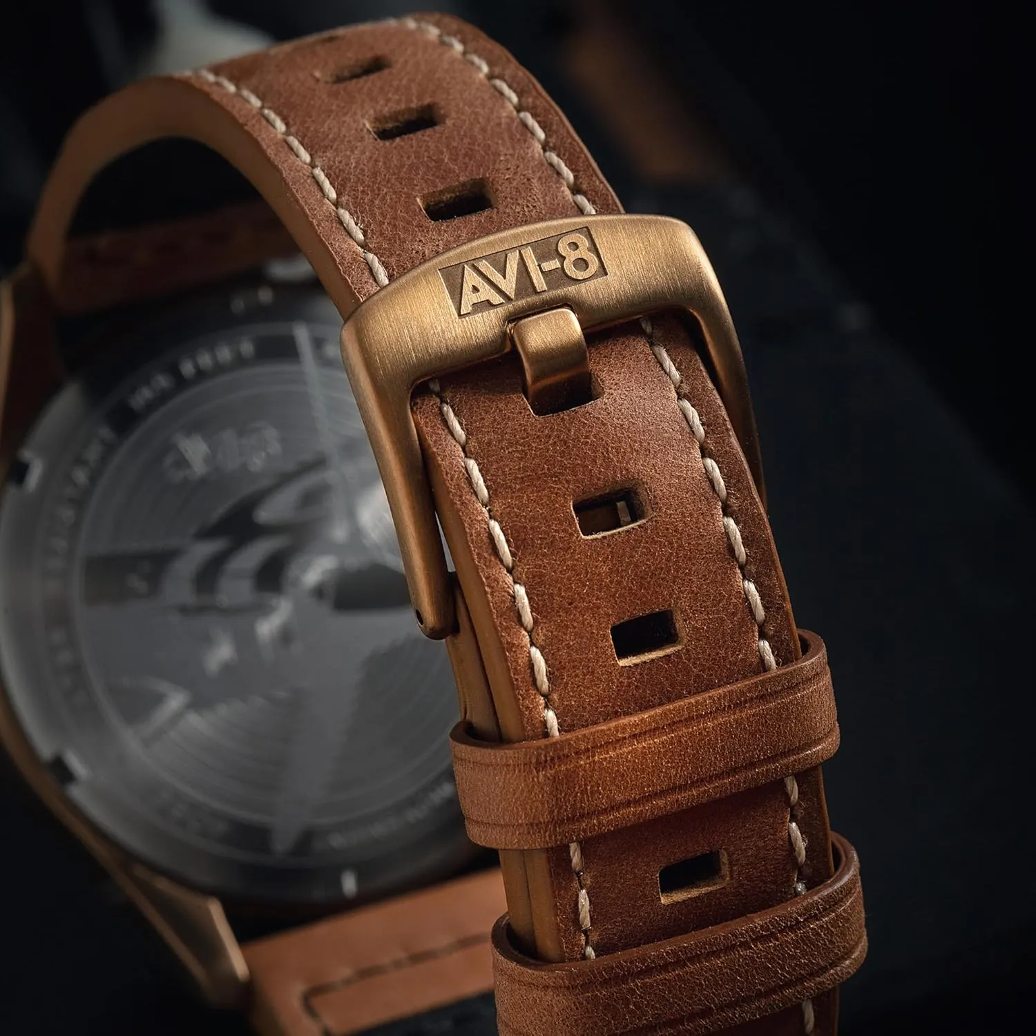 with Leather Strap AV-4089 AVI-8 Mens 42mm Spitfire Lock Chronograph gush Japanese Quartz Pilot Watch 