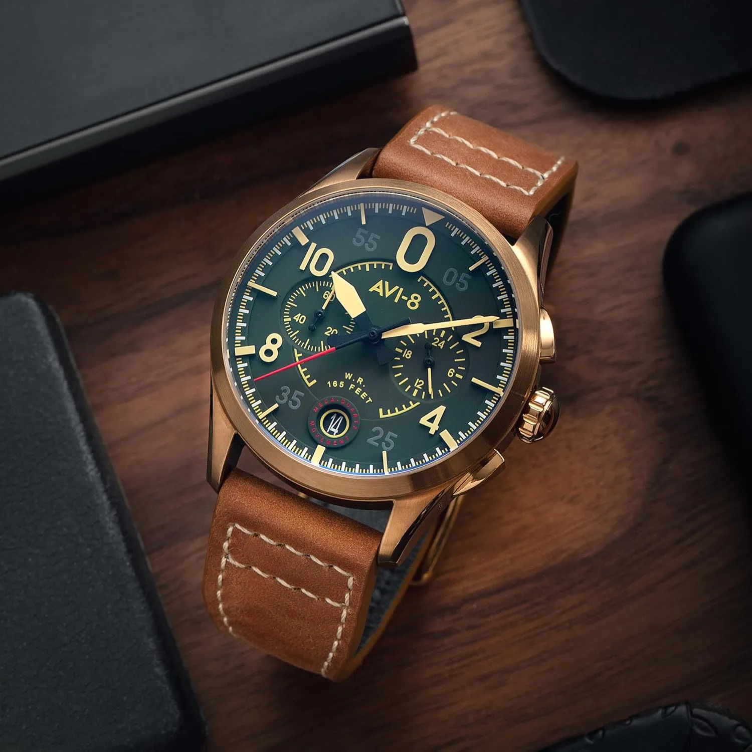 with Leather Strap AV-4089 AVI-8 Mens 42mm Spitfire Lock Chronograph gush Japanese Quartz Pilot Watch 