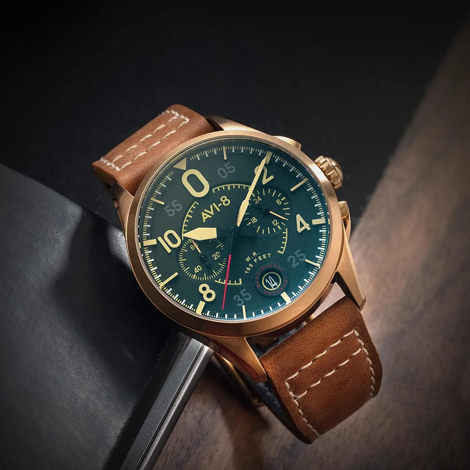 with Leather Strap AV-4089 AVI-8 Mens 42mm Spitfire Lock Chronograph gush Japanese Quartz Pilot Watch 