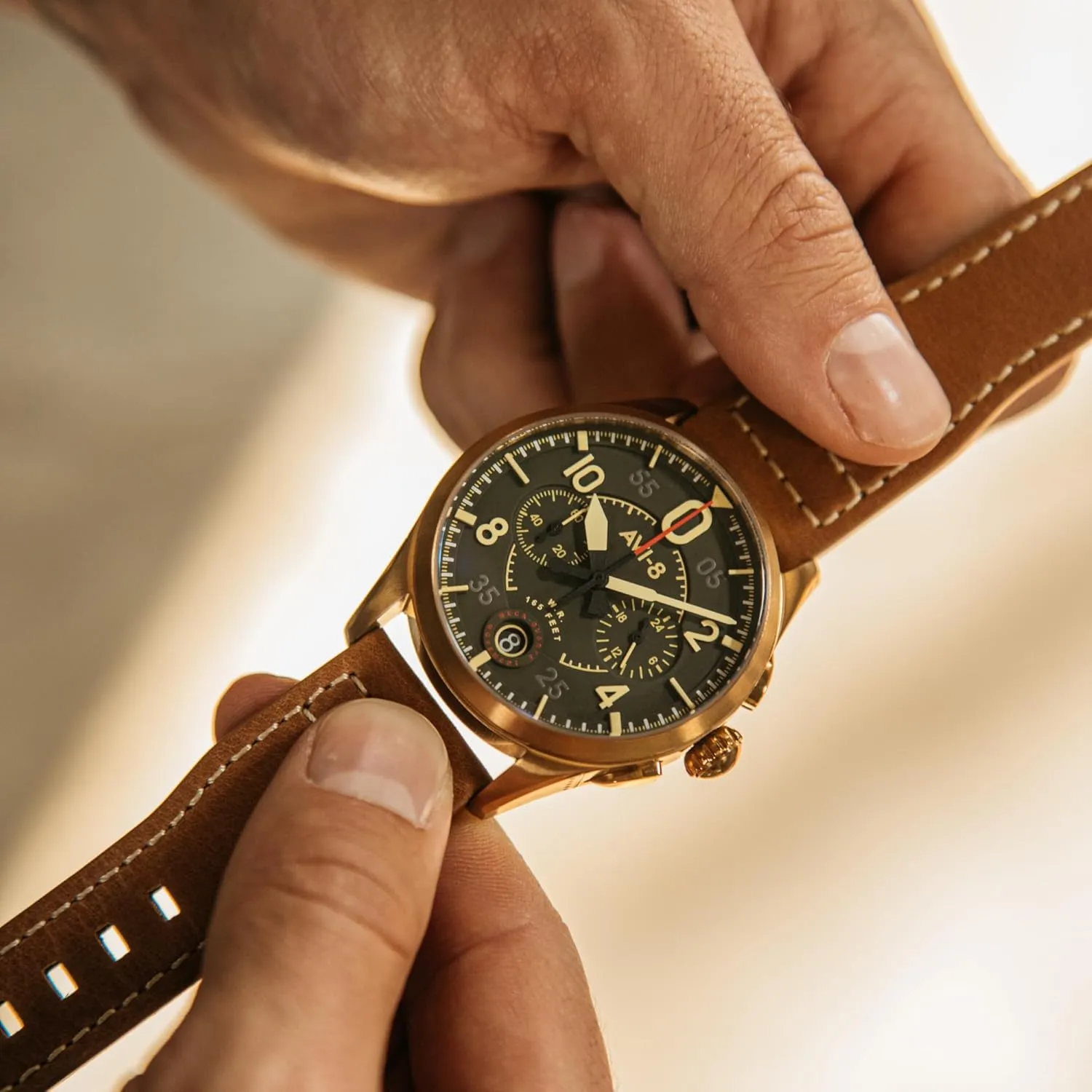 with Leather Strap AV-4089 AVI-8 Mens 42mm Spitfire Lock Chronograph gush Japanese Quartz Pilot Watch 