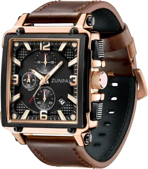 with Leather Strap Waterproof Calendar for Men ZUNPAI Square Watches for Men epic unconsolidated decease refinement cater Chronograph Quartz Analog, Mens Sport Watch 