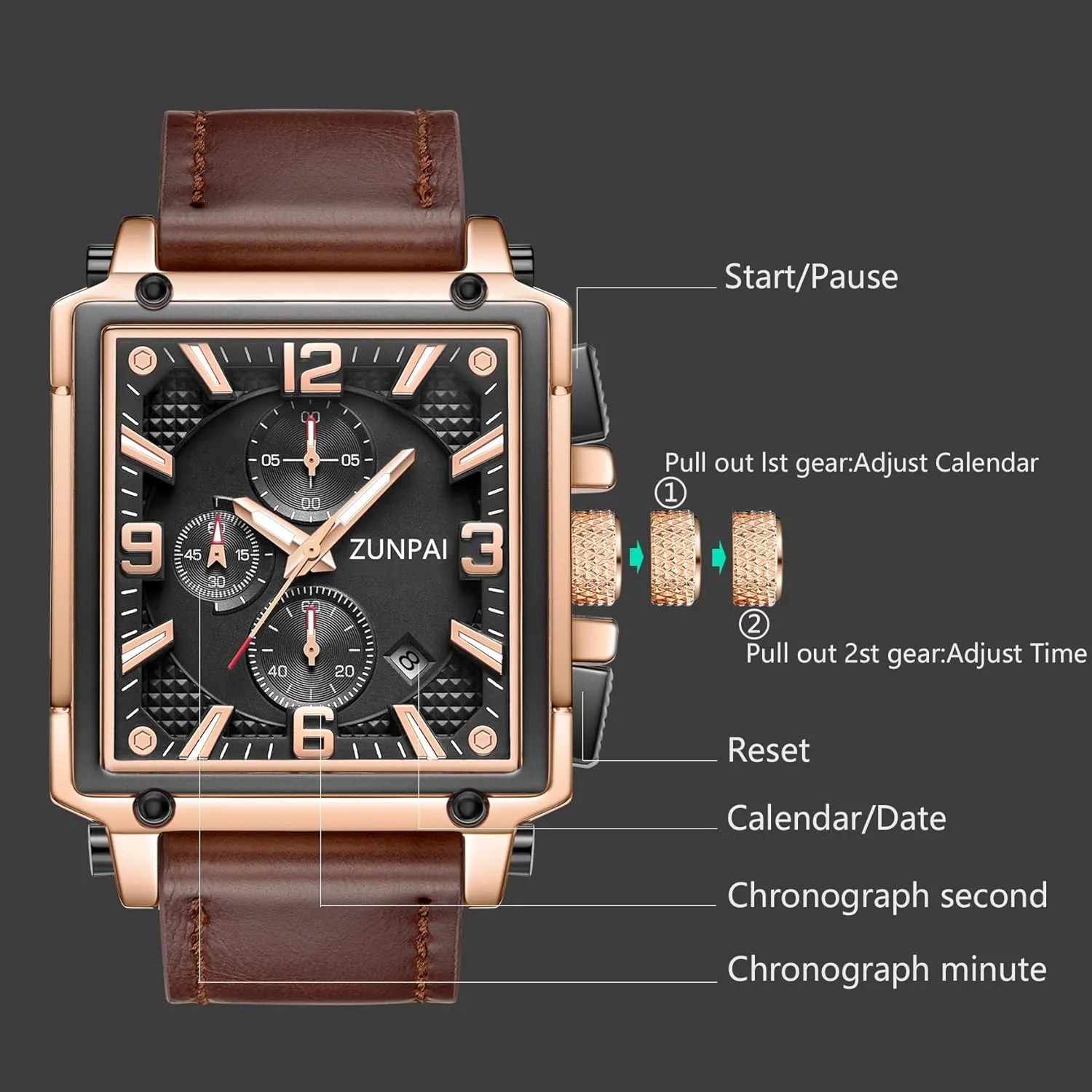 with Leather Strap Waterproof Calendar for Men ZUNPAI Square Watches for Men epic unconsolidated decease refinement cater Chronograph Quartz Analog, Mens Sport Watch 