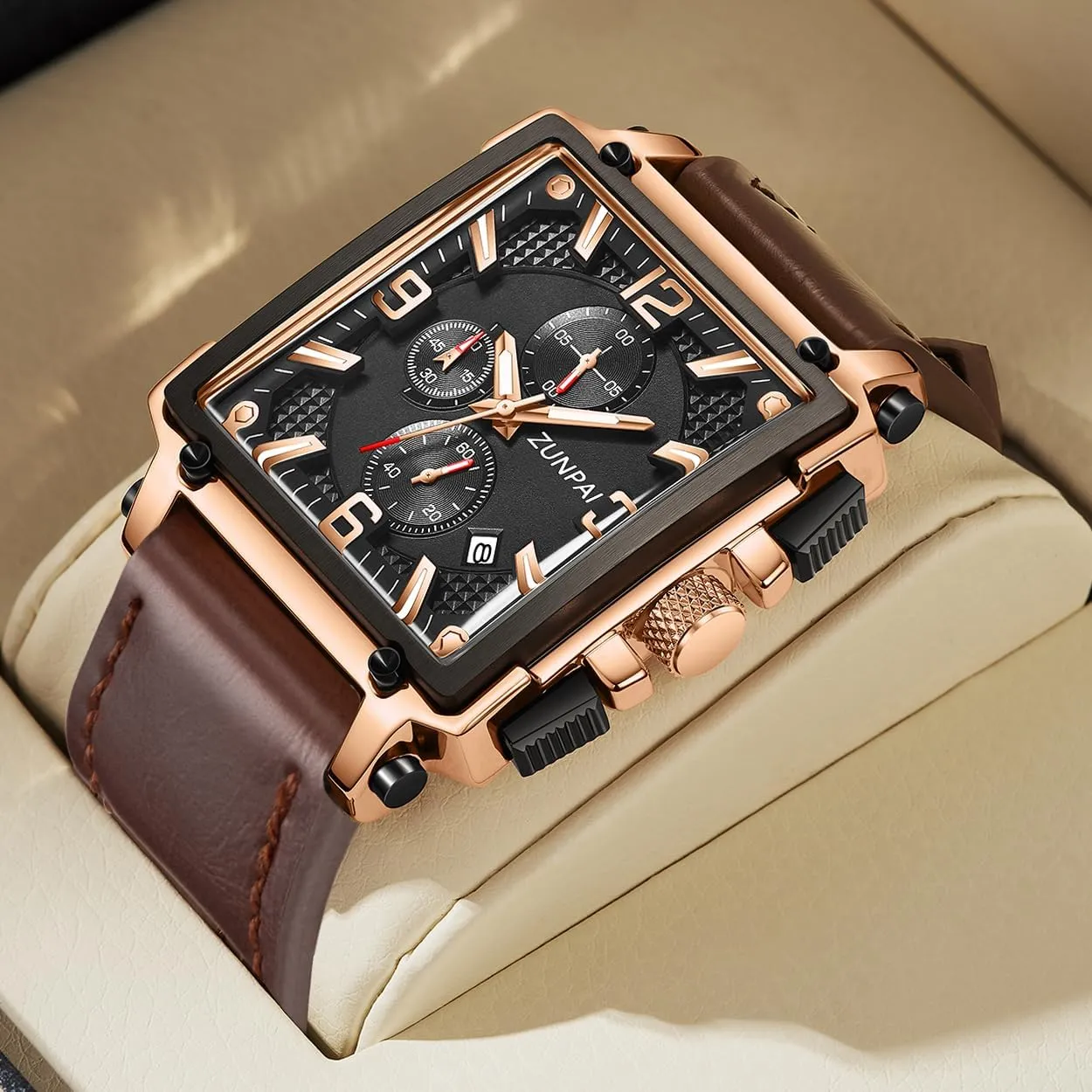 with Leather Strap Waterproof Calendar for Men ZUNPAI Square Watches for Men epic unconsolidated decease refinement cater Chronograph Quartz Analog, Mens Sport Watch 