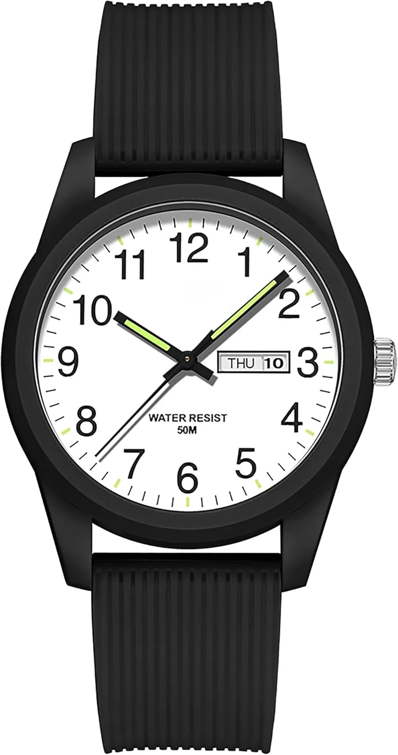with Luminous dugout solvent Analog Second Hand Gold Arabic Numerals Waterproof White Silicone Band findtime Day Date Watches for Men Easy Read Dial 