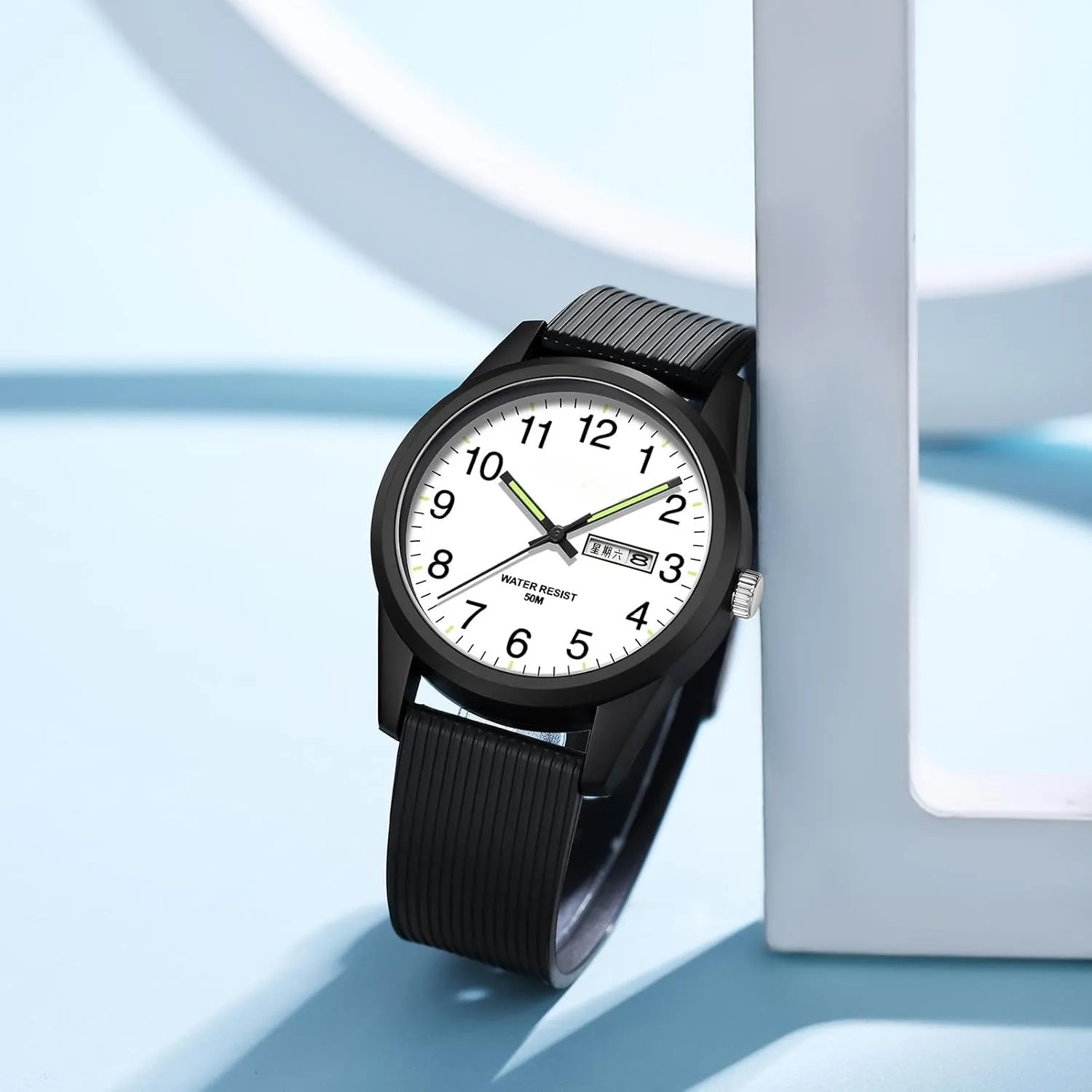 with Luminous dugout solvent Analog Second Hand Gold Arabic Numerals Waterproof White Silicone Band findtime Day Date Watches for Men Easy Read Dial 