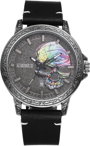 with Luminous Hands Avaner Men's Punk Leather Watches: Vintage Bronze Skull testify Analog Quartz Wrist Watches 