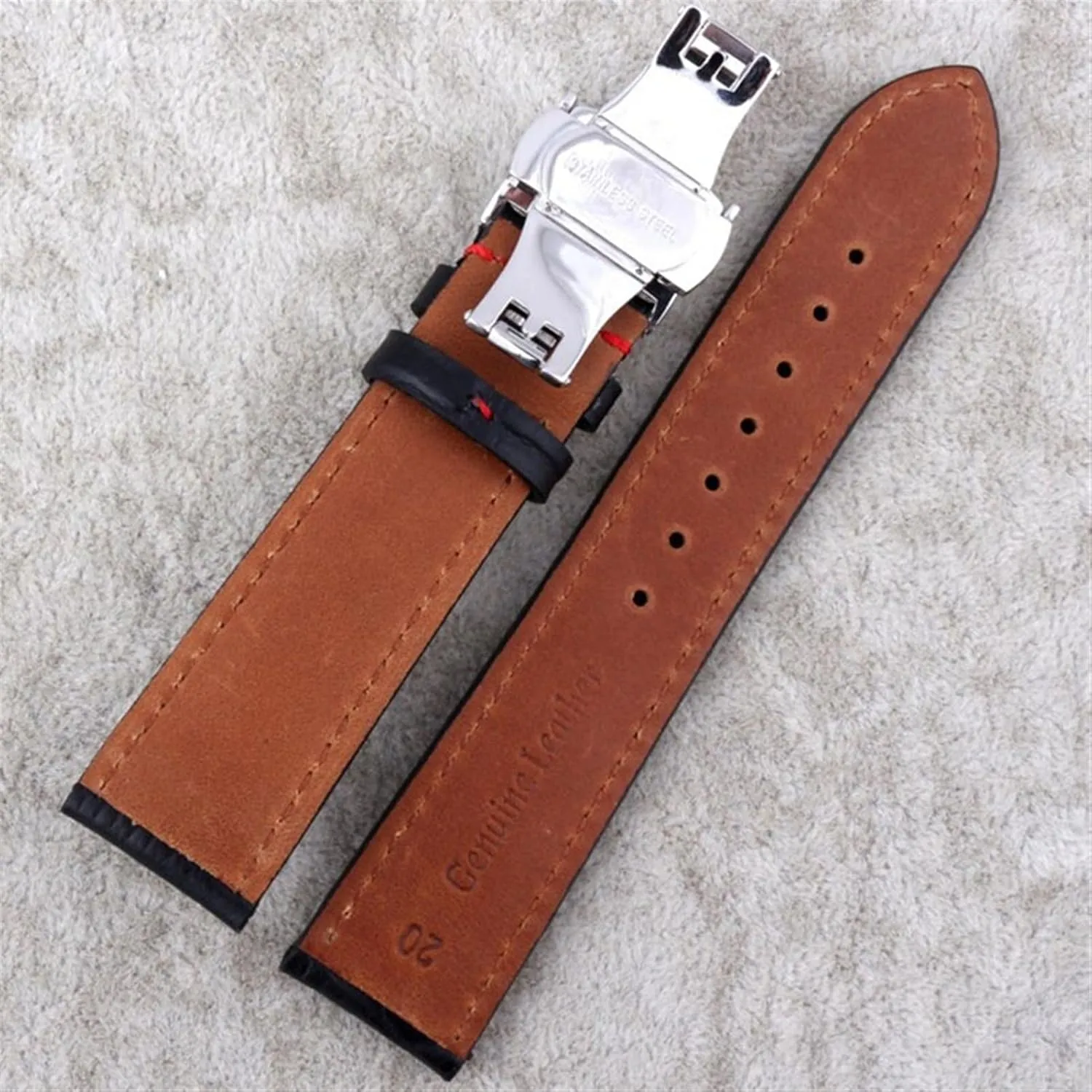 with red stitches watchband 18mm 19mm 20mm 21mm 22mm 23mm 24mm watchbands For identification pork radical any brand watchband Genuine Leather Strap Black 