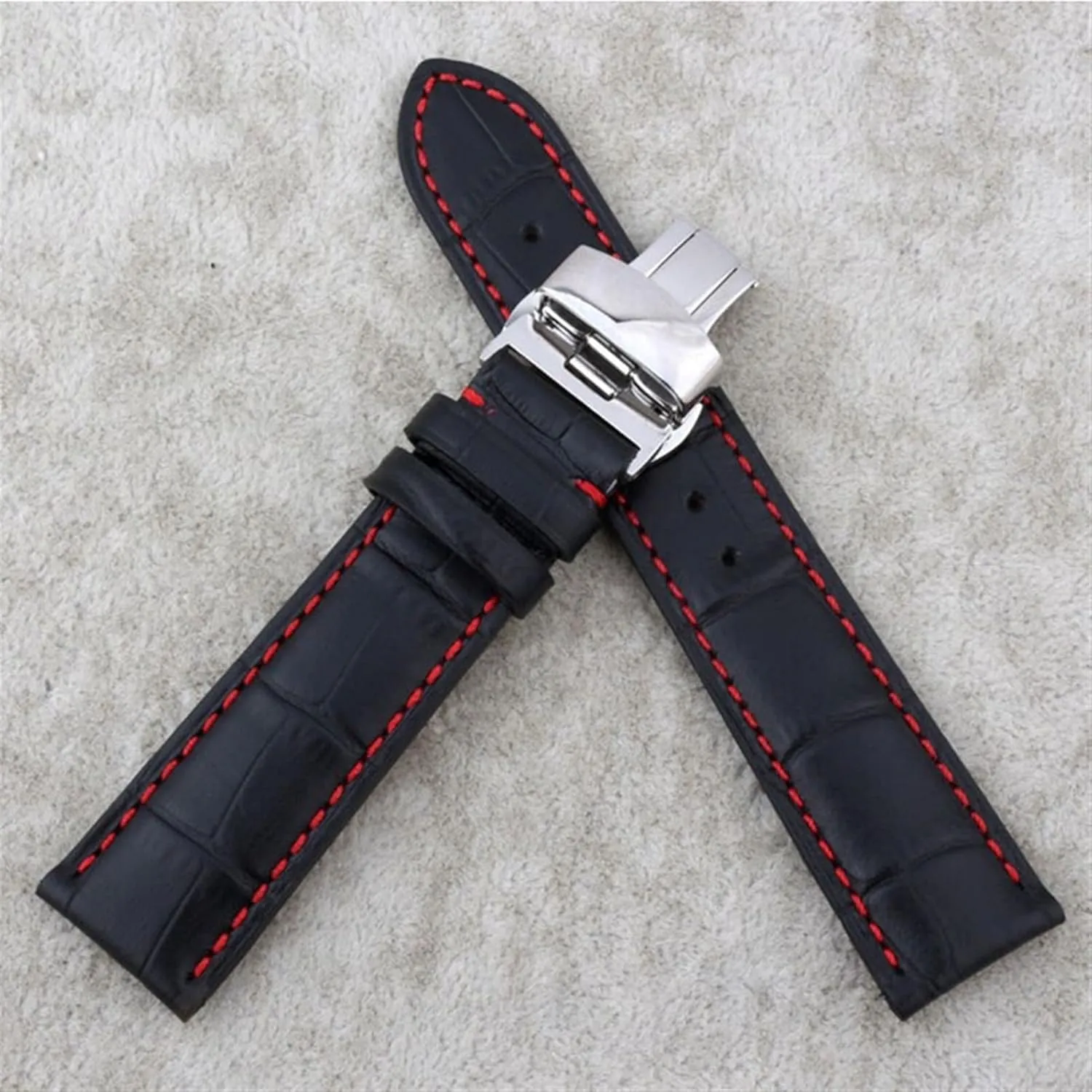 with red stitches watchband 18mm 19mm 20mm 21mm 22mm 23mm 24mm watchbands For identification pork radical any brand watchband Genuine Leather Strap Black 